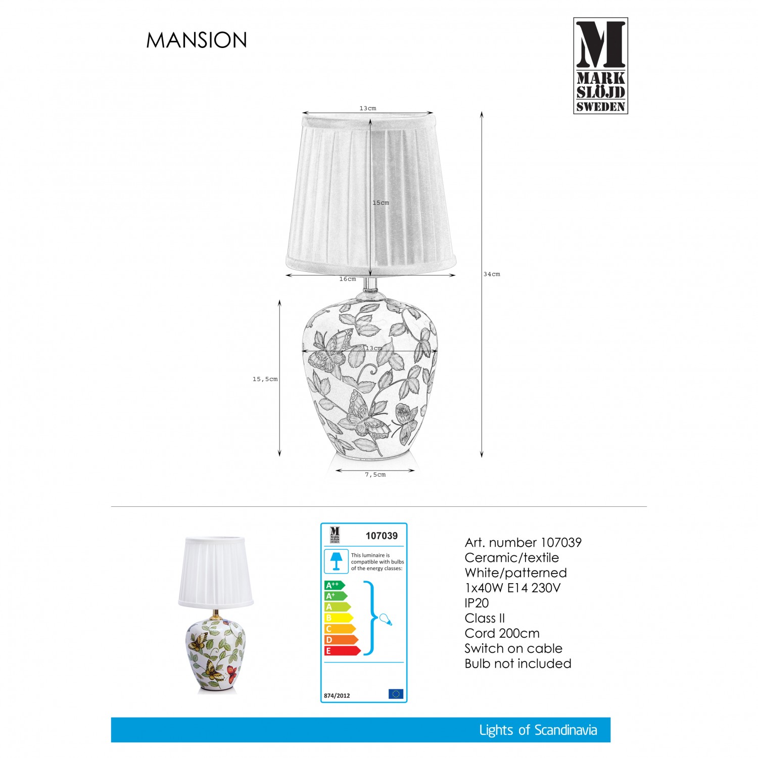 Настольная лампа MarkSlojd Sweden MANSION Table 1L 33cm Patterned/White 107039