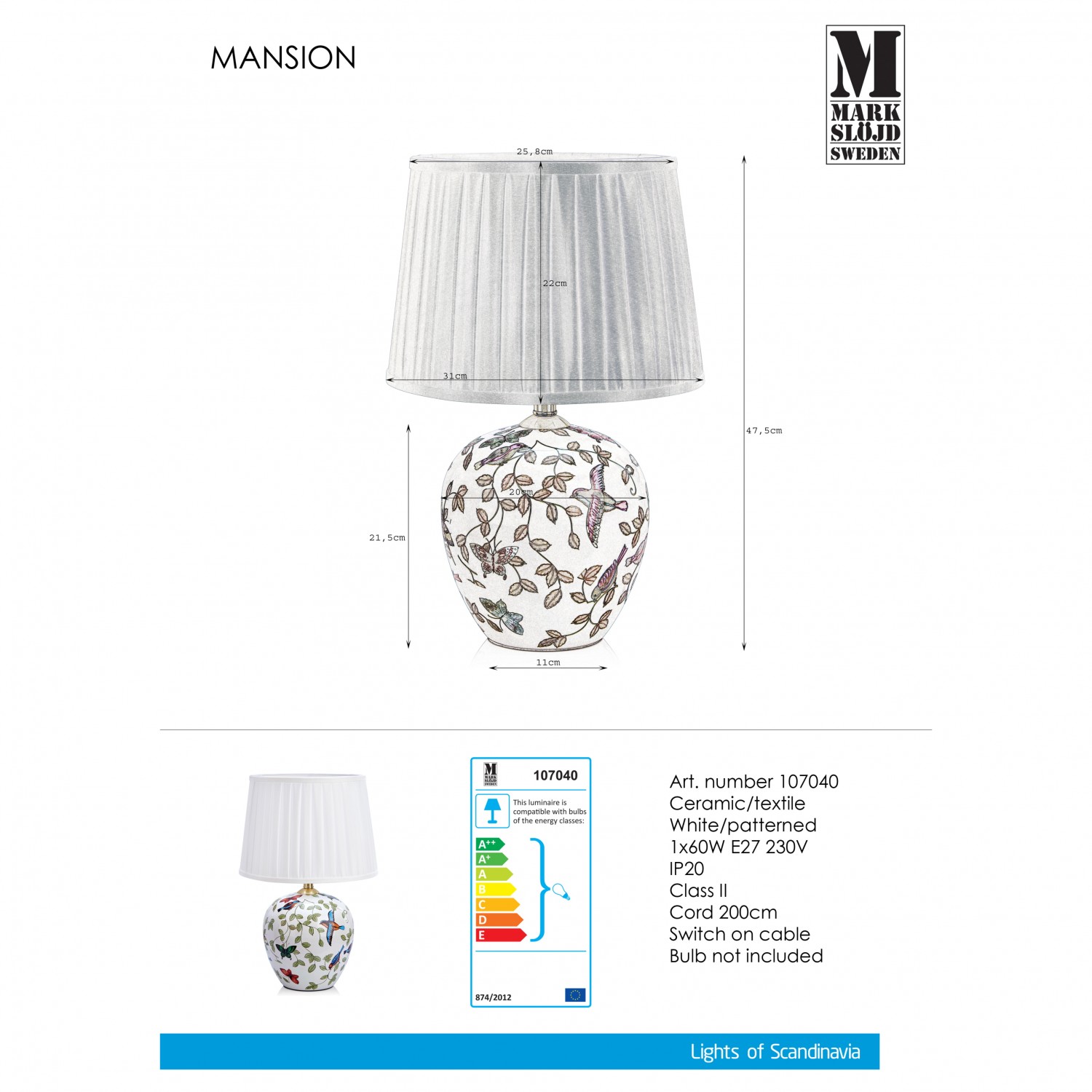 Настольная лампа MarkSlojd Sweden MANSION Table 1L 48cm Patterned/White 107040