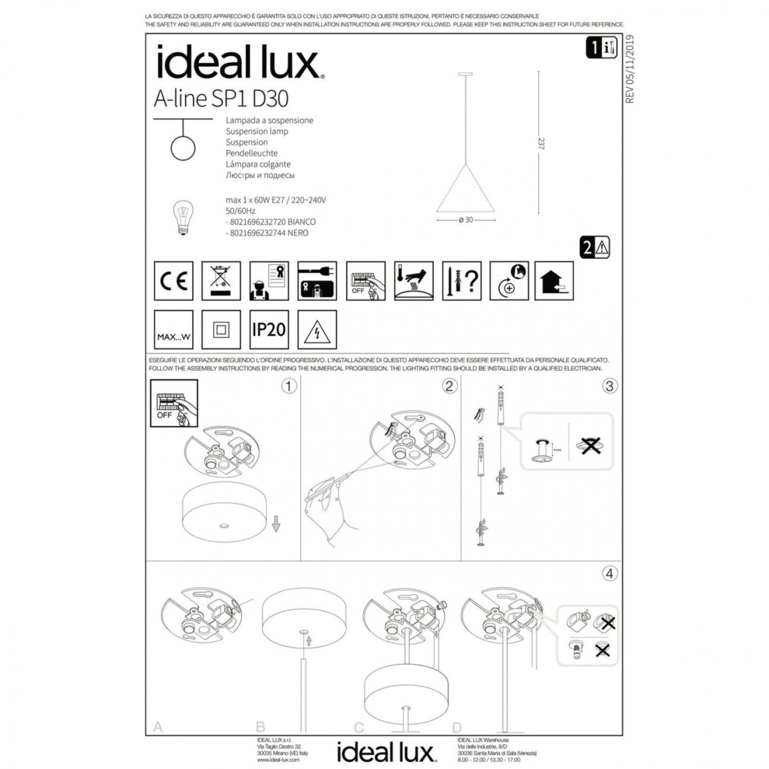 Підвісний світильник Ideal Lux A-LINE SP1 D30 BIANCO 232720