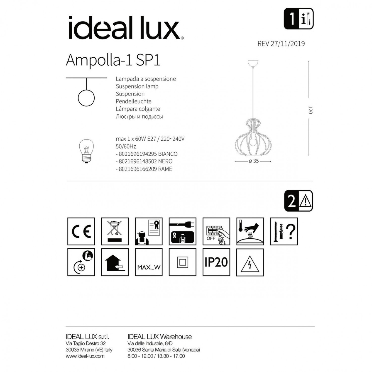 Подвесной светильник Ideal Lux AMPOLLA-1 SP1 BIANCO 194295