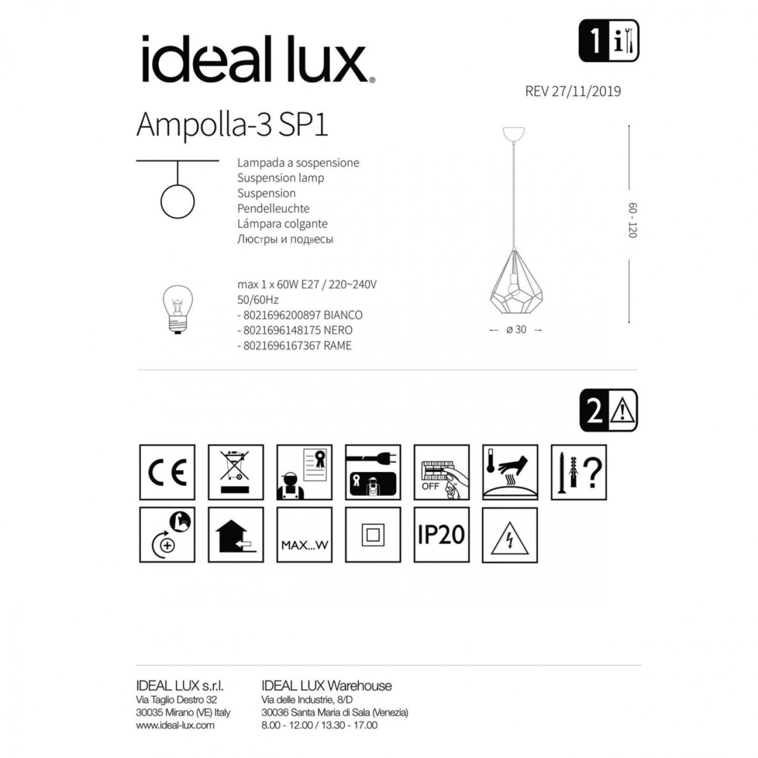 Подвесной светильник Ideal Lux AMPOLLA-3 SP1 BIANCO 200897