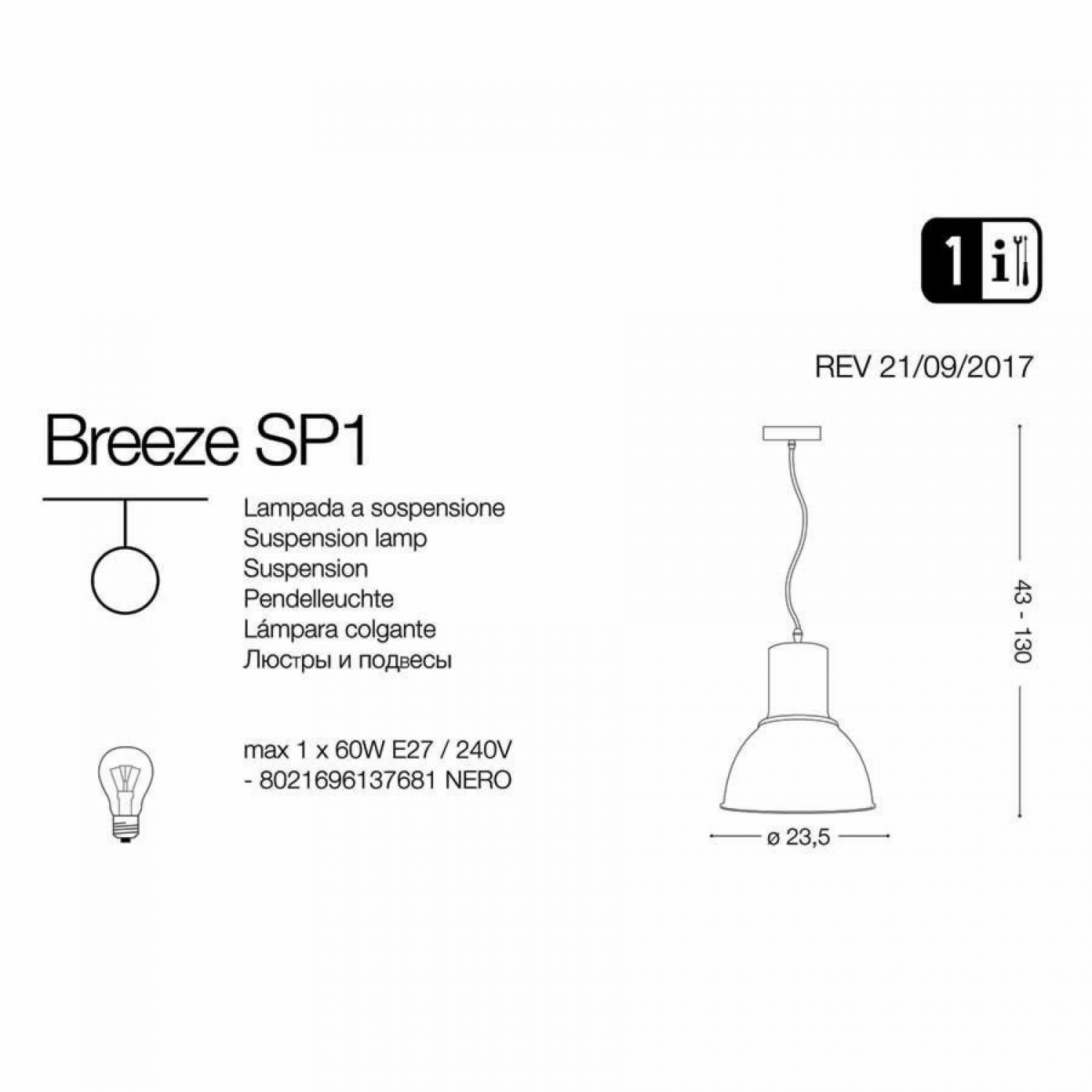 Подвесной светильник Ideal Lux BREEZE SP1 SMALL 137681