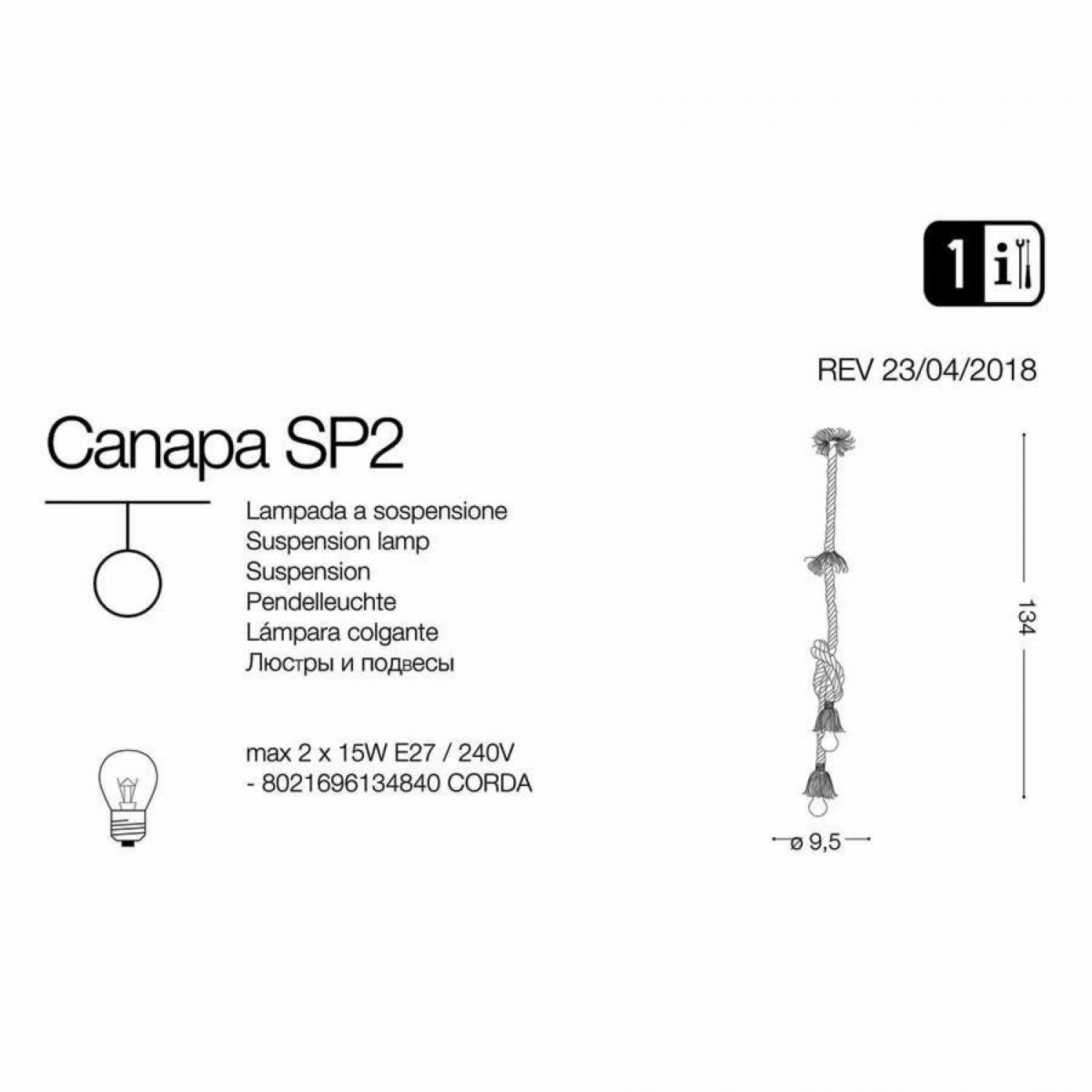 Подвесной светильник Ideal Lux CANAPA SP2 134840
