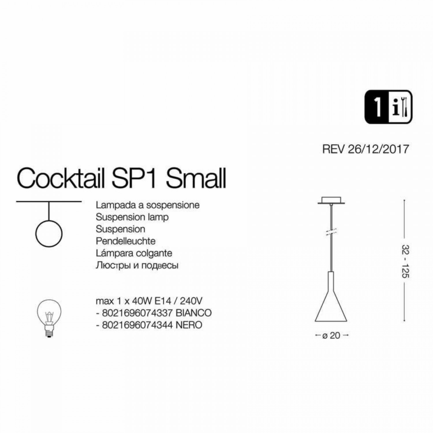 Підвісний світильник Ideal Lux COCKTAIL SP1 SMALL NERO 074344