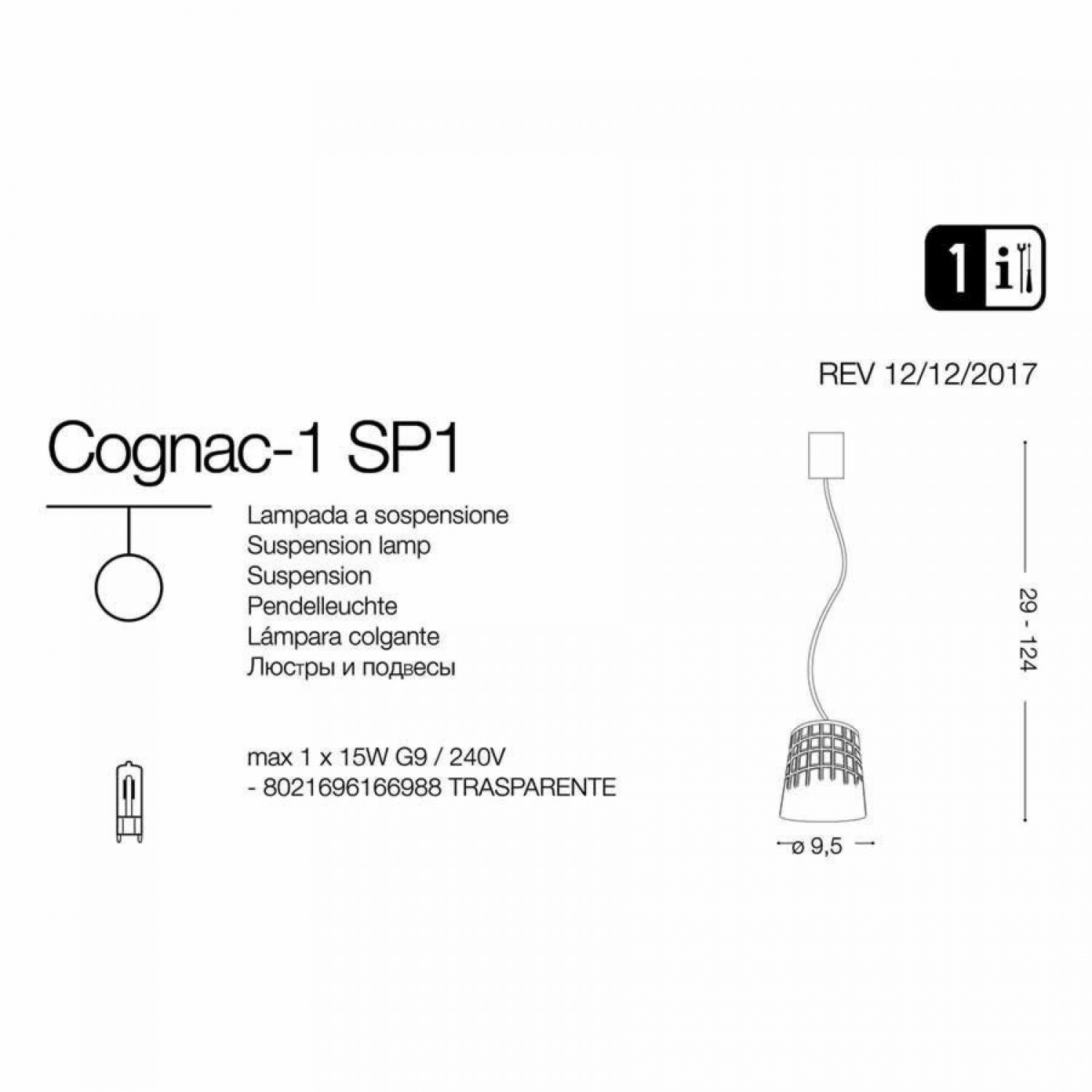 Подвесной светильник Ideal Lux COGNAC-1 SP1 166988