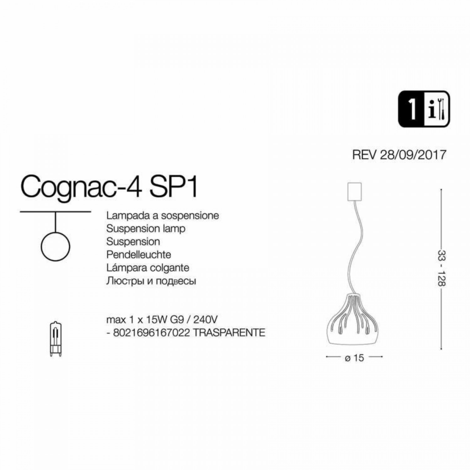 Підвісний світильник Ideal Lux COGNAC-4 SP1 167022