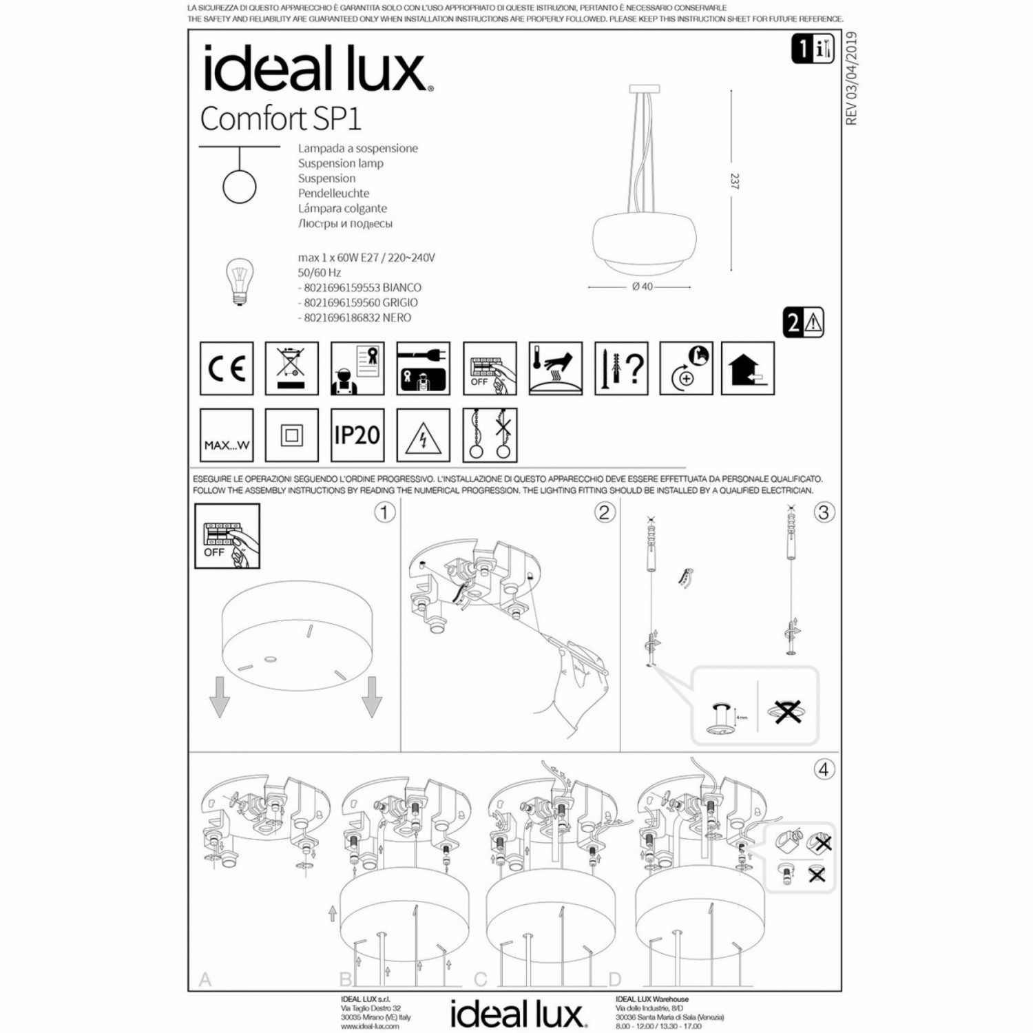 Підвісний світильник Ideal Lux COMFORT SP1 GRIGIO 159560