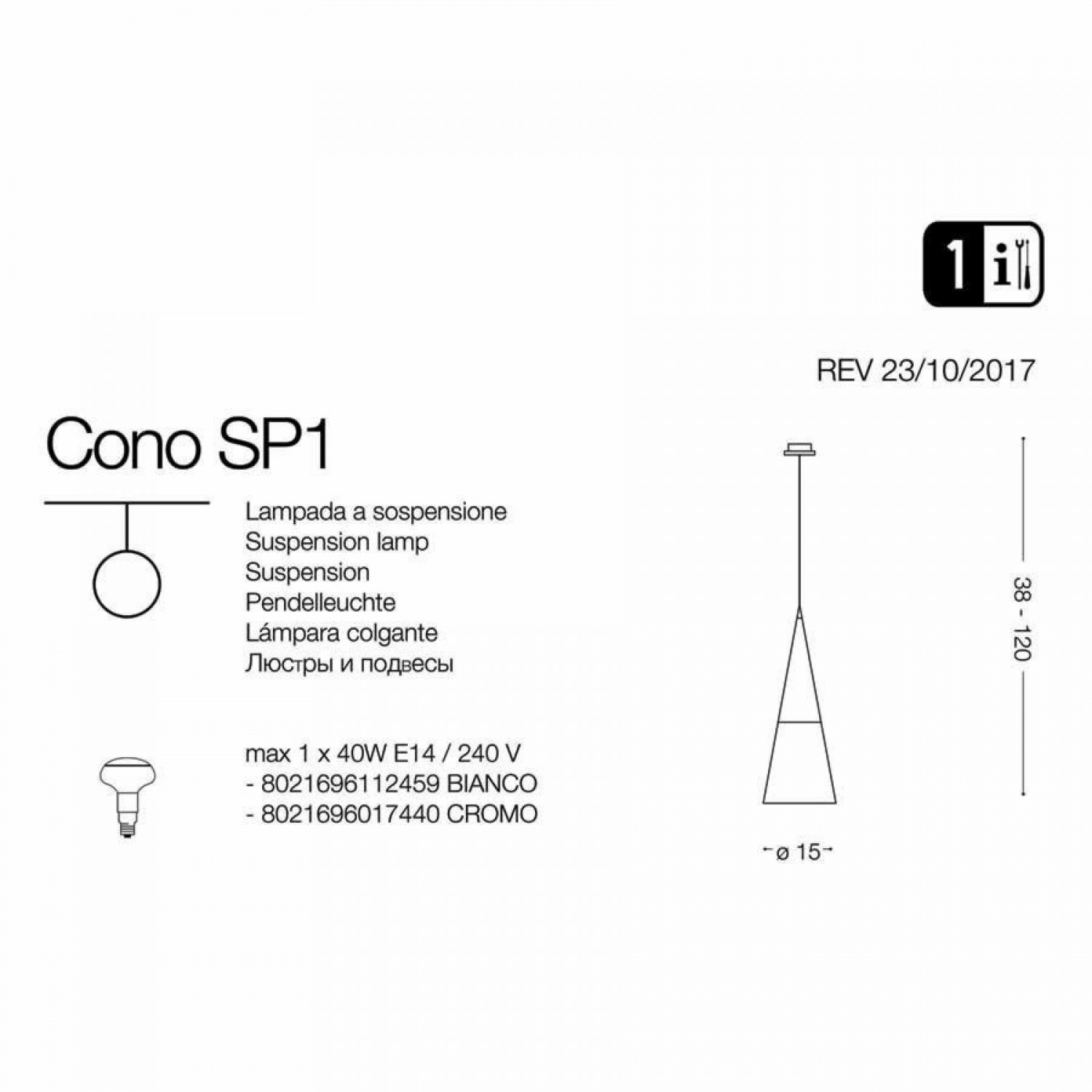 Подвесной светильник Ideal Lux CONO SP1 CROMO 017440