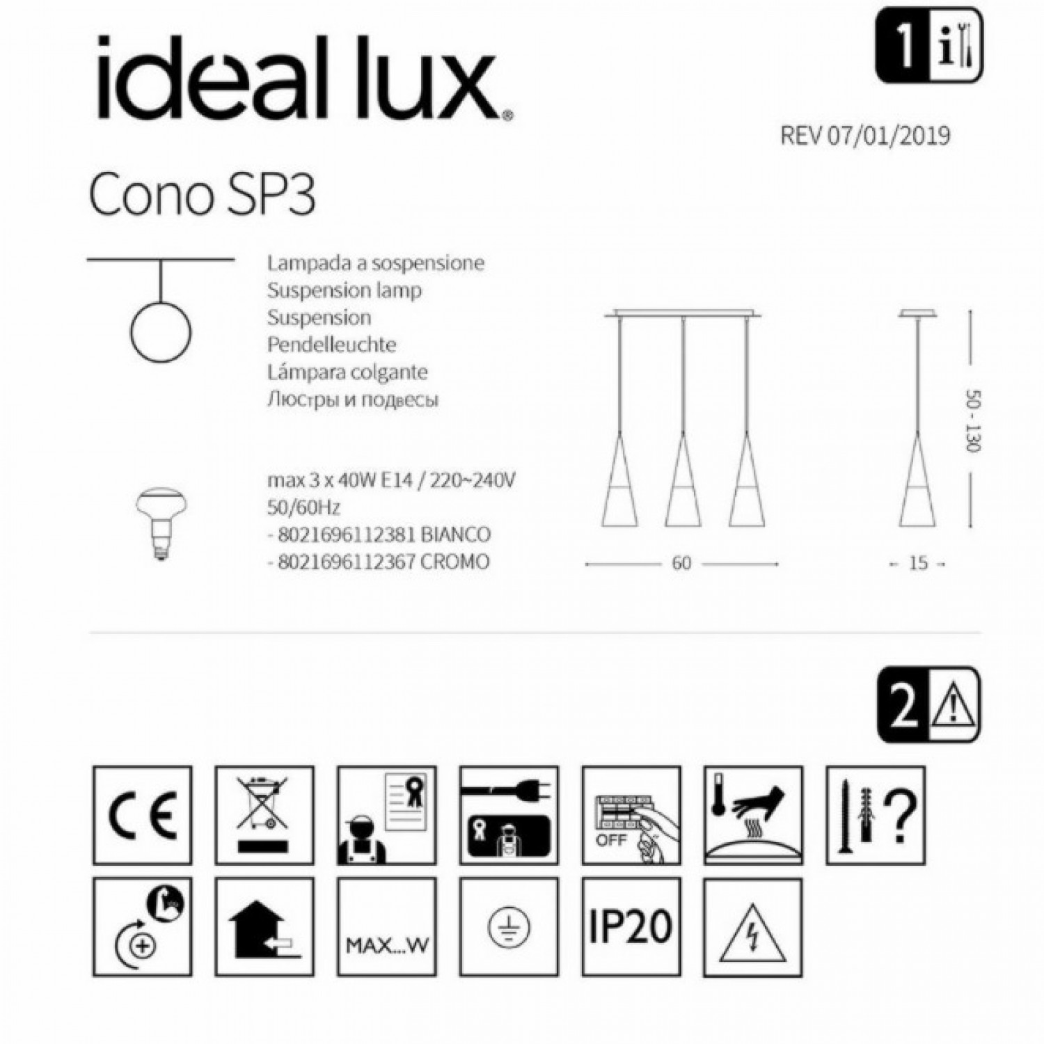 Підвісний світильник Ideal Lux CONO SP3 CROMO 112367