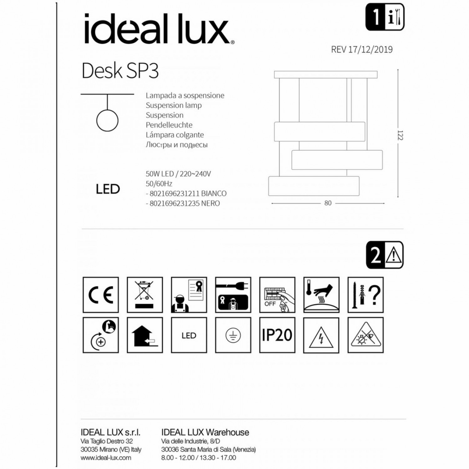 Підвісний світильник Ideal Lux DESK SP3 BIANCO 231211