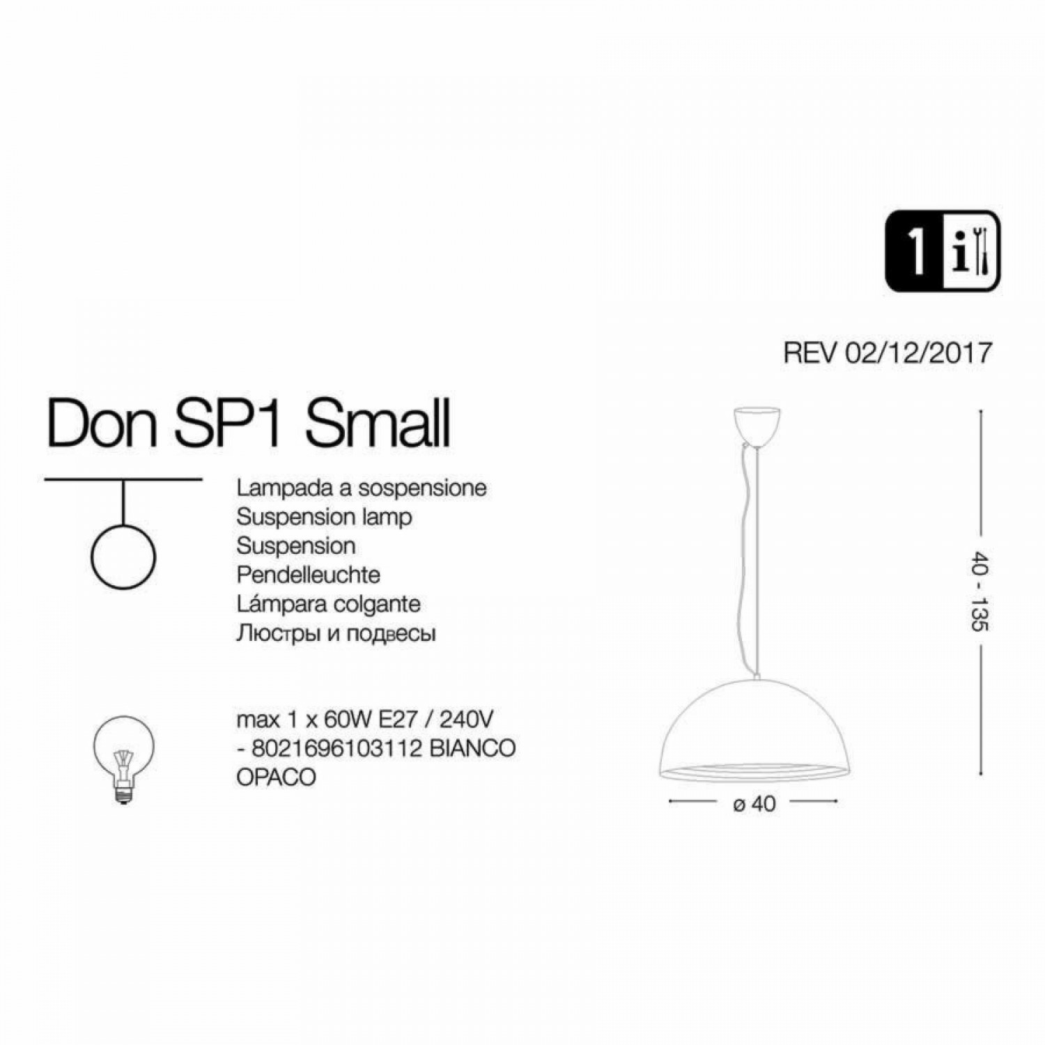 Подвесной светильник Ideal Lux DON SP1 SMALL 103112