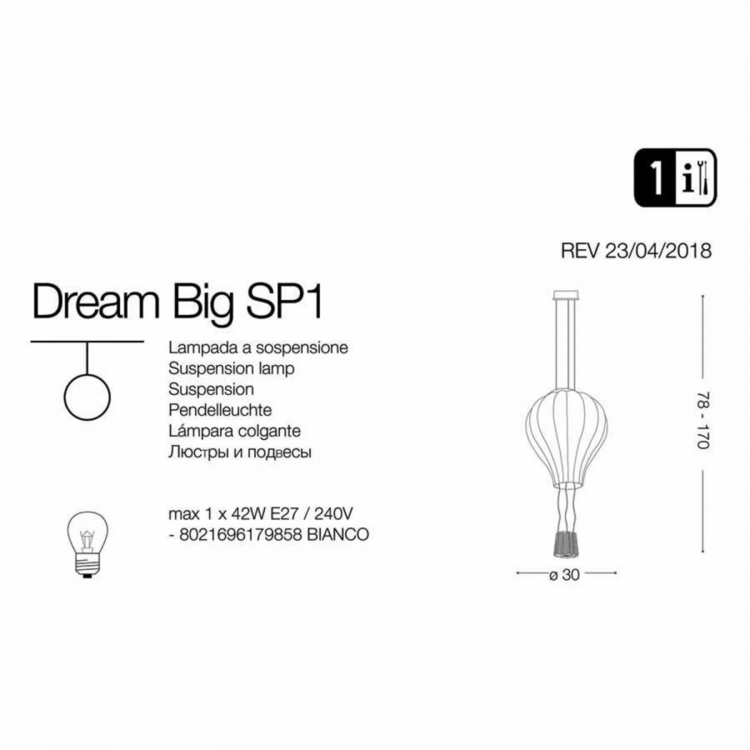 Подвесной светильник Ideal Lux DREAM BIG SP1 179858