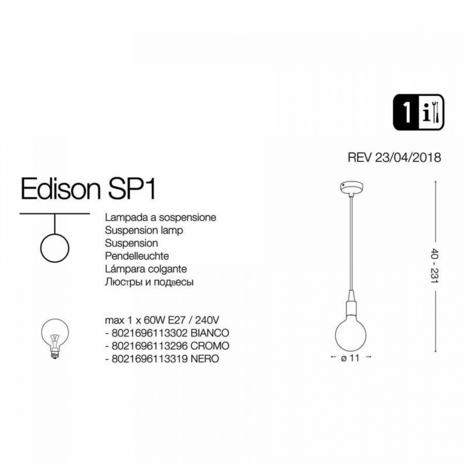 Подвесной светильник Ideal Lux EDISON SP1 BIANCO 113302