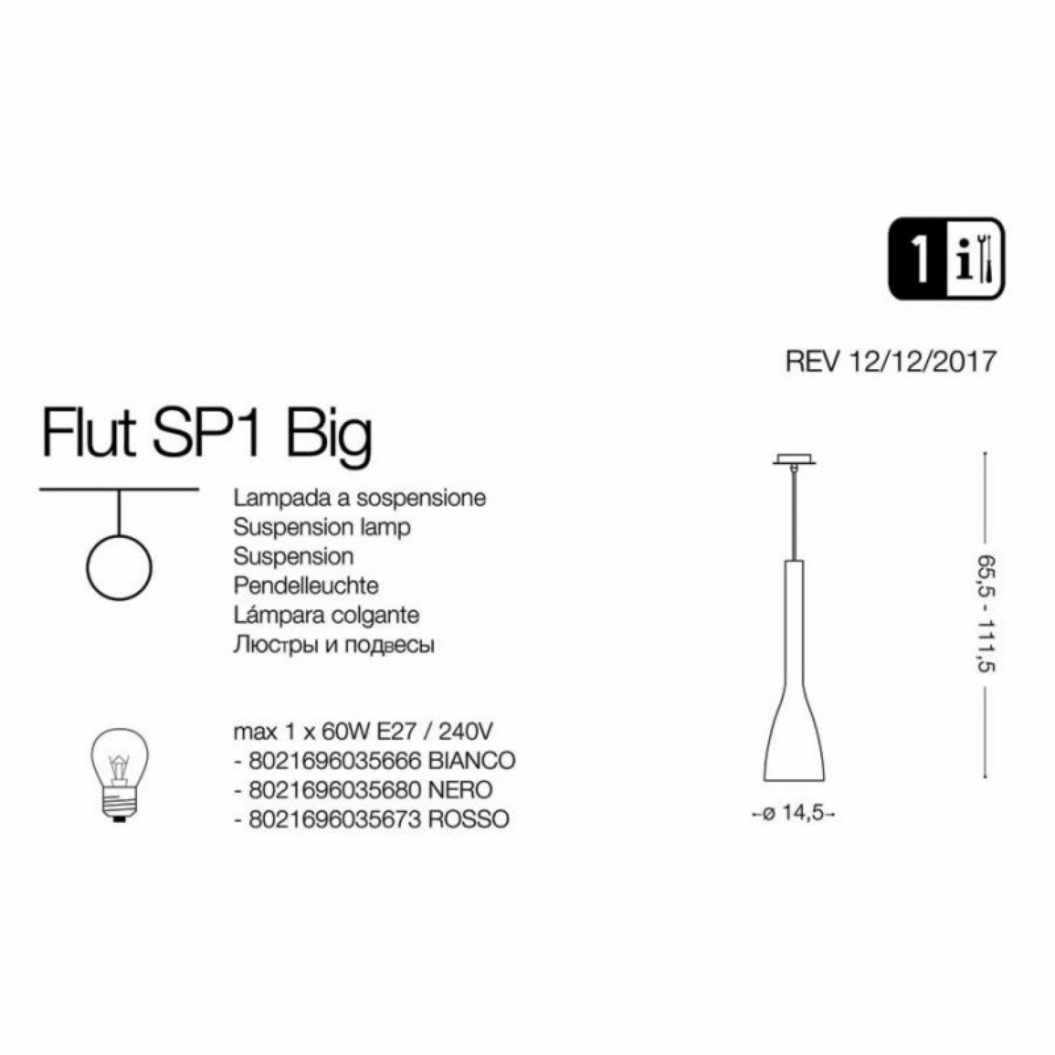Підвісний світильник Ideal Lux FLUT SP1 BIG BIANCO 035666