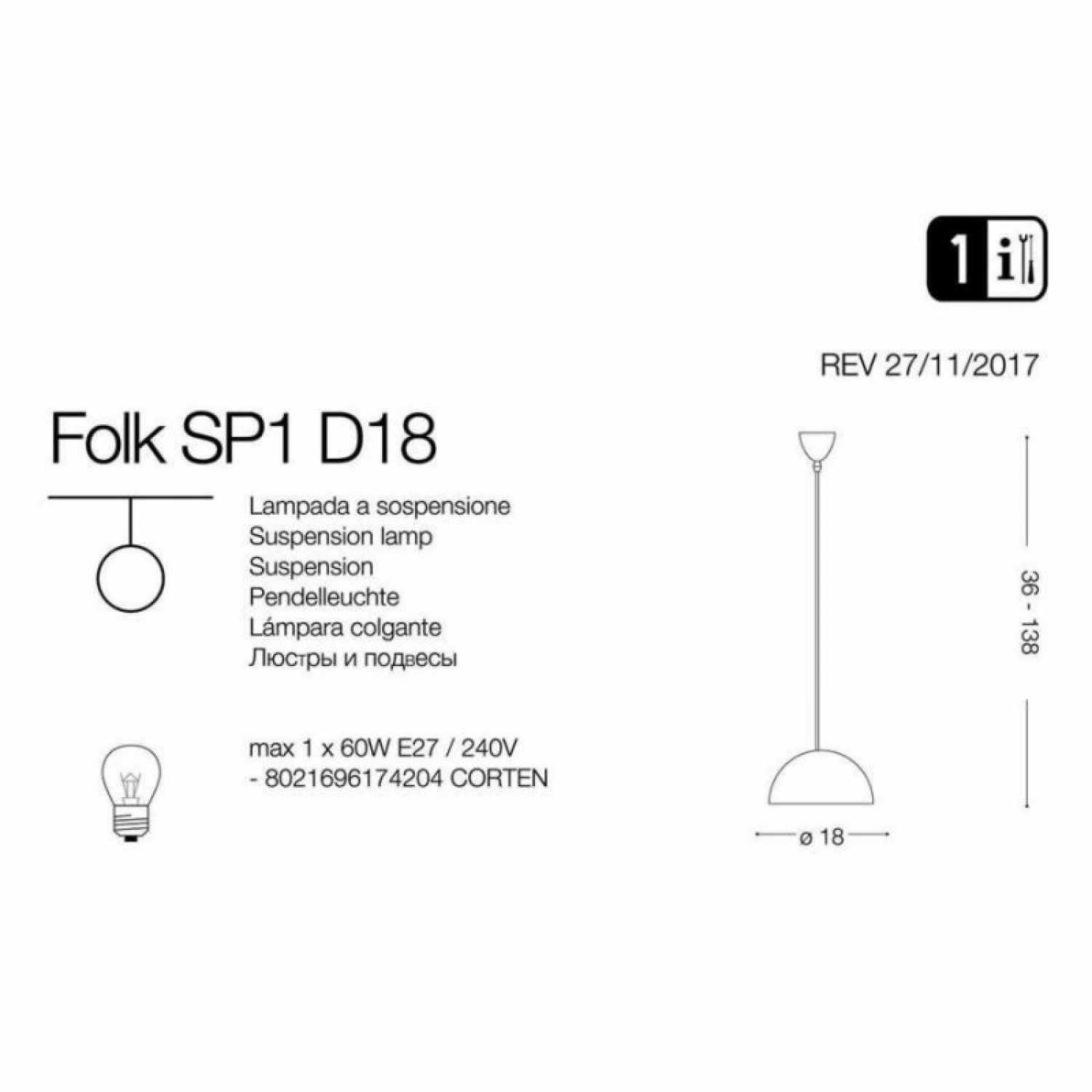 Підвісний світильник Ideal Lux FOLK SP1 D18 174204