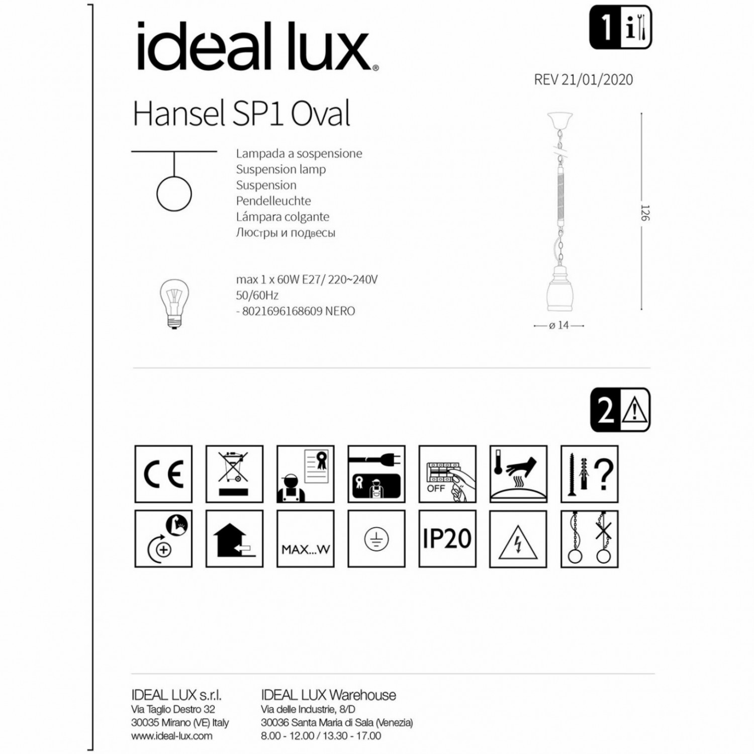 Підвісний світильник Ideal Lux HANSEL SP1 OVAL 168609