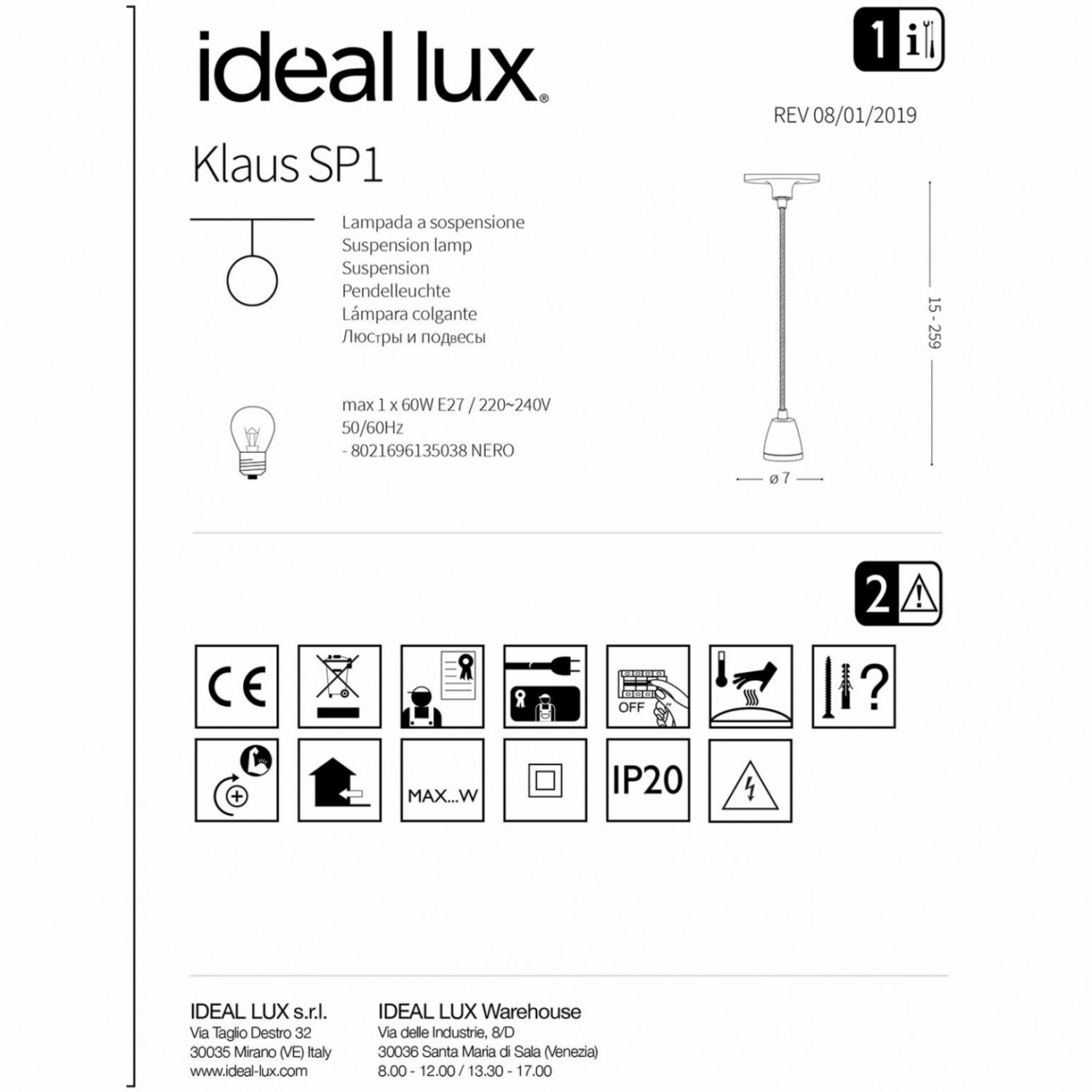 Підвісний світильник Ideal Lux KLAUS SP1 135038