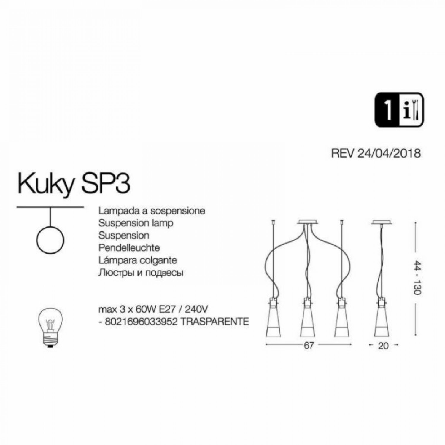 Подвесной светильник Ideal Lux KUKY SP3 TRASPARENTE 033952