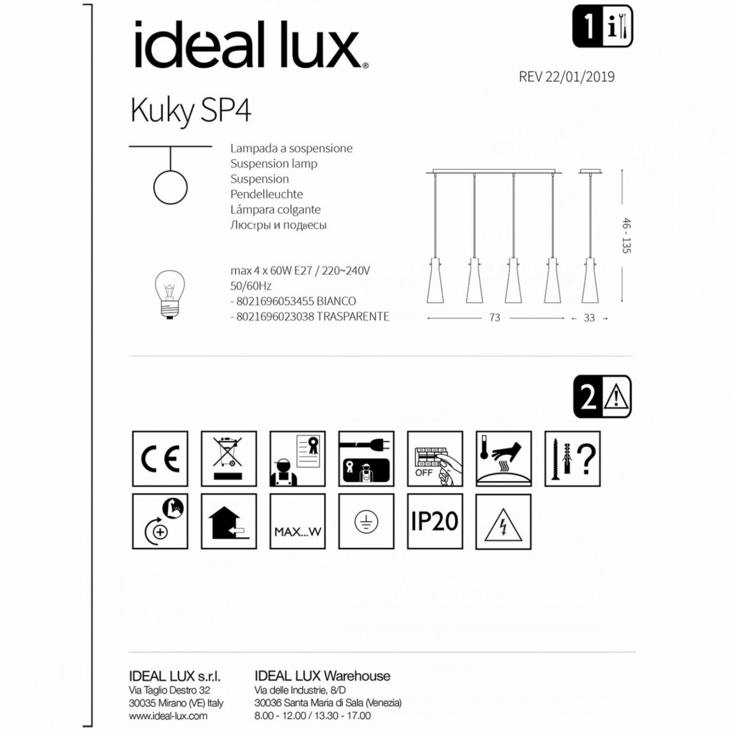 Подвесной светильник Ideal Lux KUKY SP4 BIANCO 053455