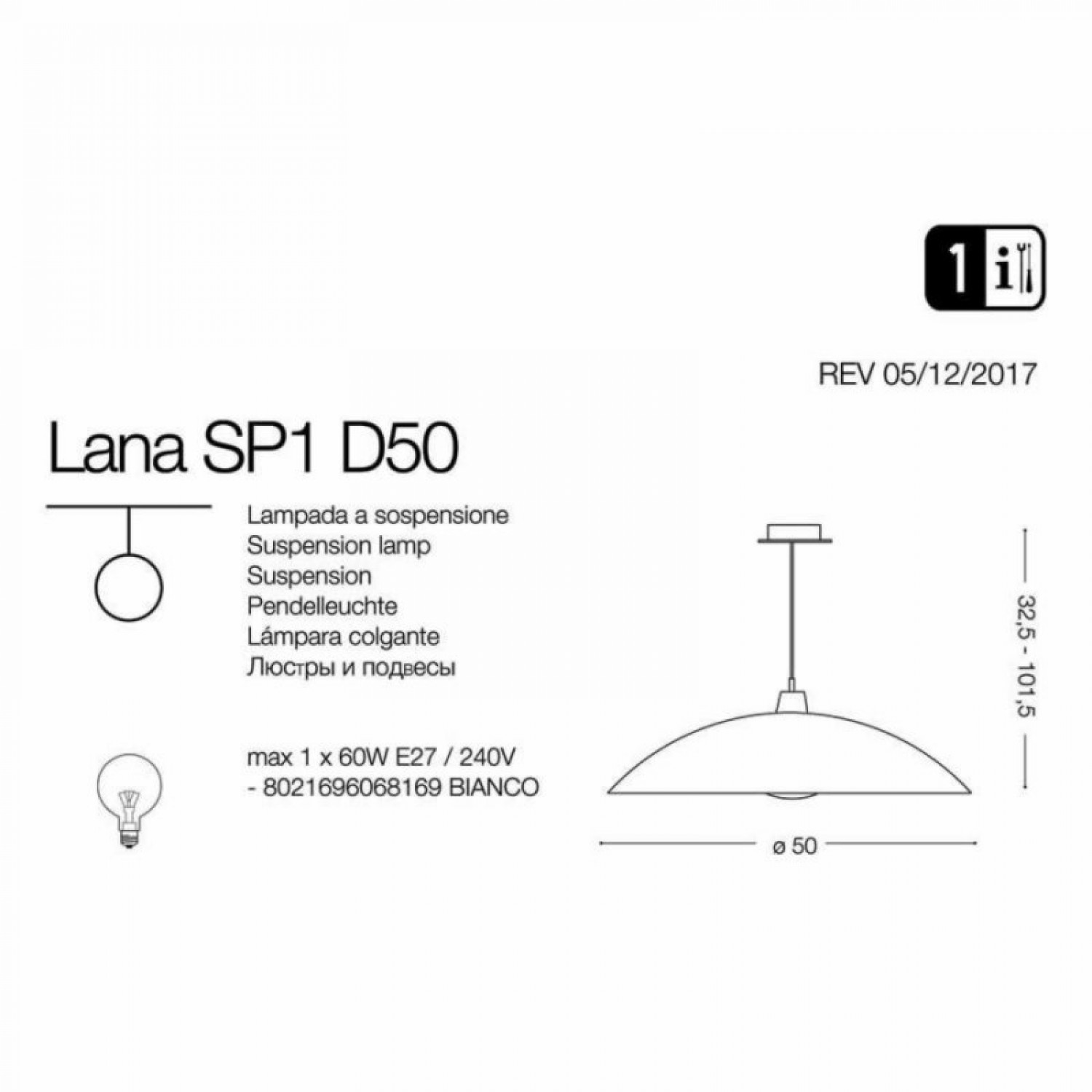 Подвесной светильник Ideal Lux LANA SP1 D50 068169