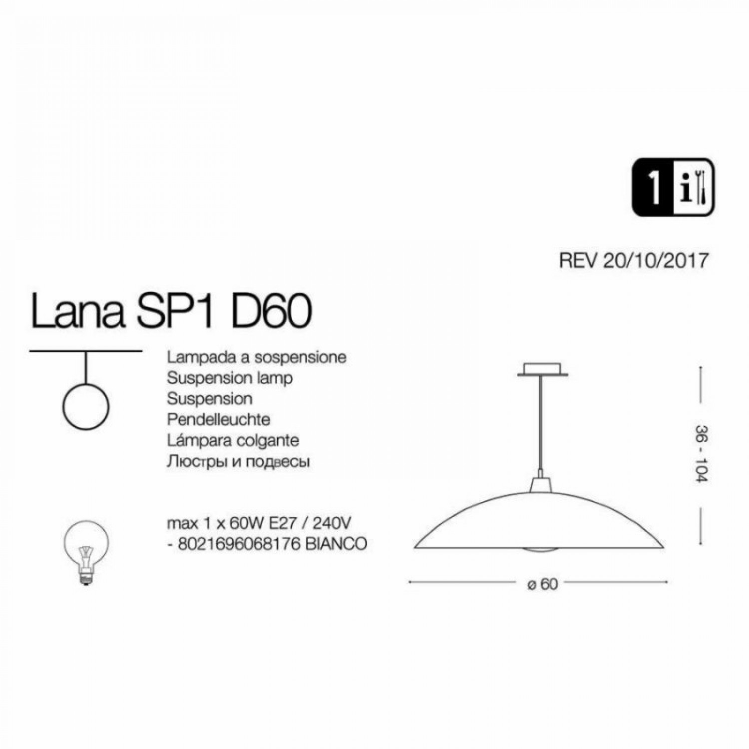 Підвісний світильник Ideal Lux LANA SP1 D60 068176