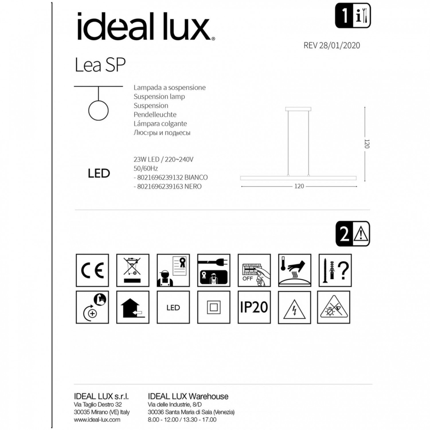 Підвісний світильник Ideal Lux LEA SP BIANCO 239132