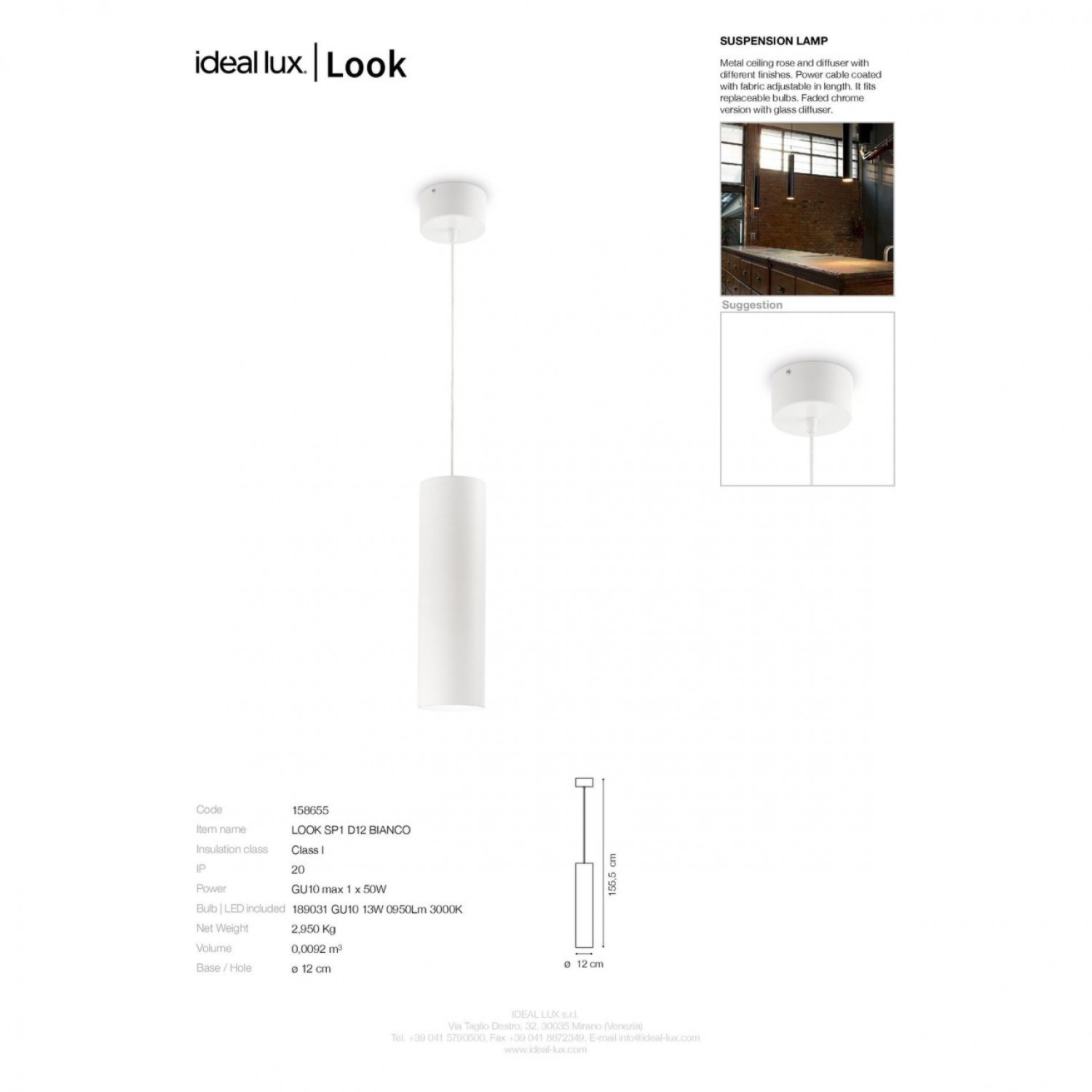 Підвісний світильник Ideal Lux LOOK SP1 D12 BIANCO 158655