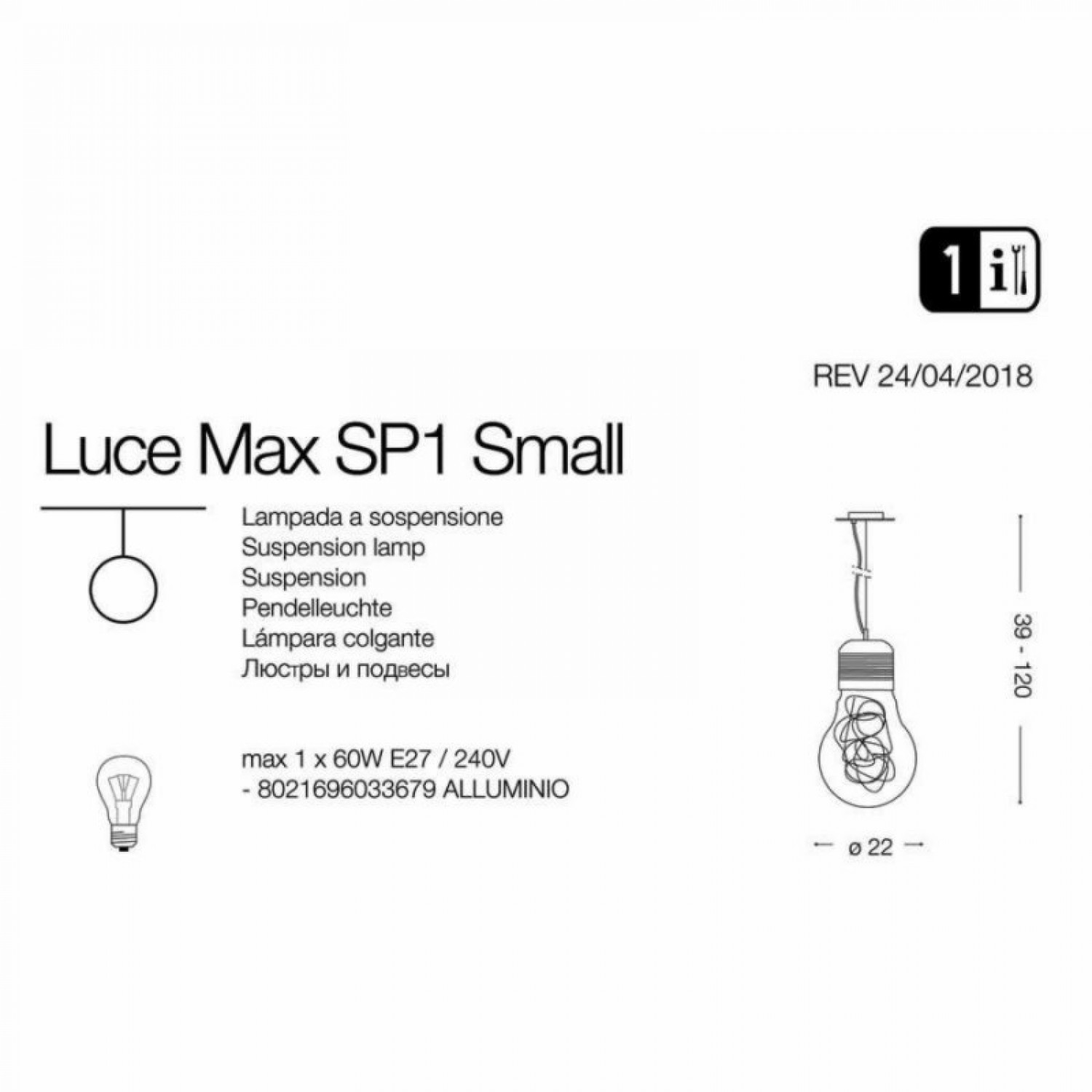 Подвесной светильник Ideal Lux LUCE MAX SP1 SMALL 033679