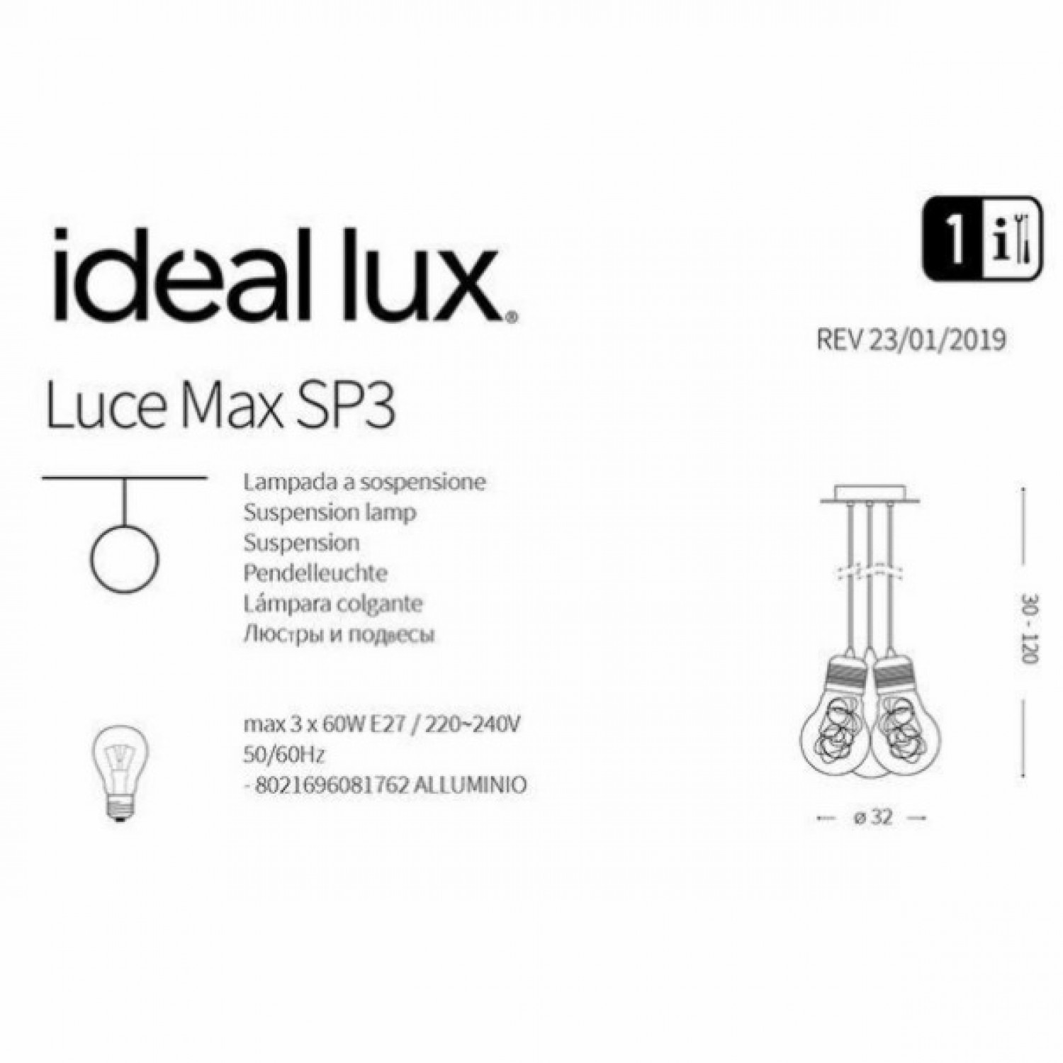 Підвісний світильник Ideal Lux LUCE MAX SP3 081762