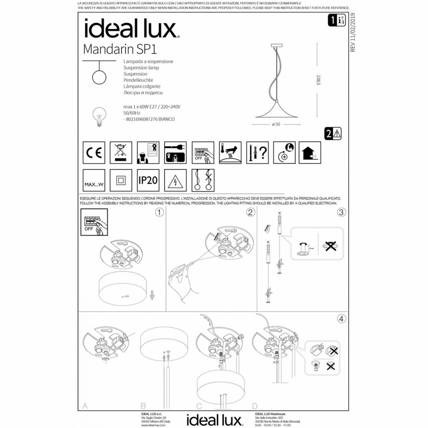 Подвесной светильник Ideal Lux MANDARIN SP1 BIANCO 087276
