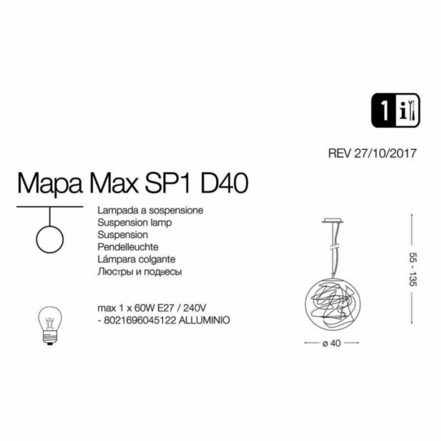 Підвісний світильник Ideal Lux MAPA MAX SP1 D40 045122