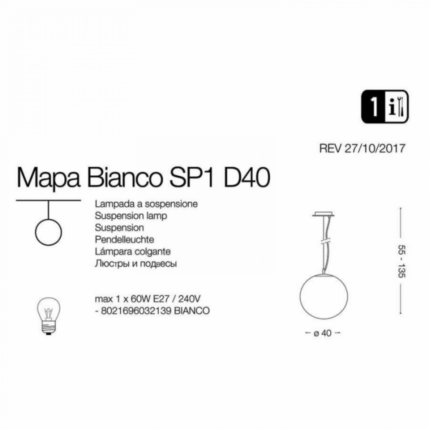 Підвісний світильник Ideal Lux MAPA SP1 D40 CROMO SFUMATO 161334