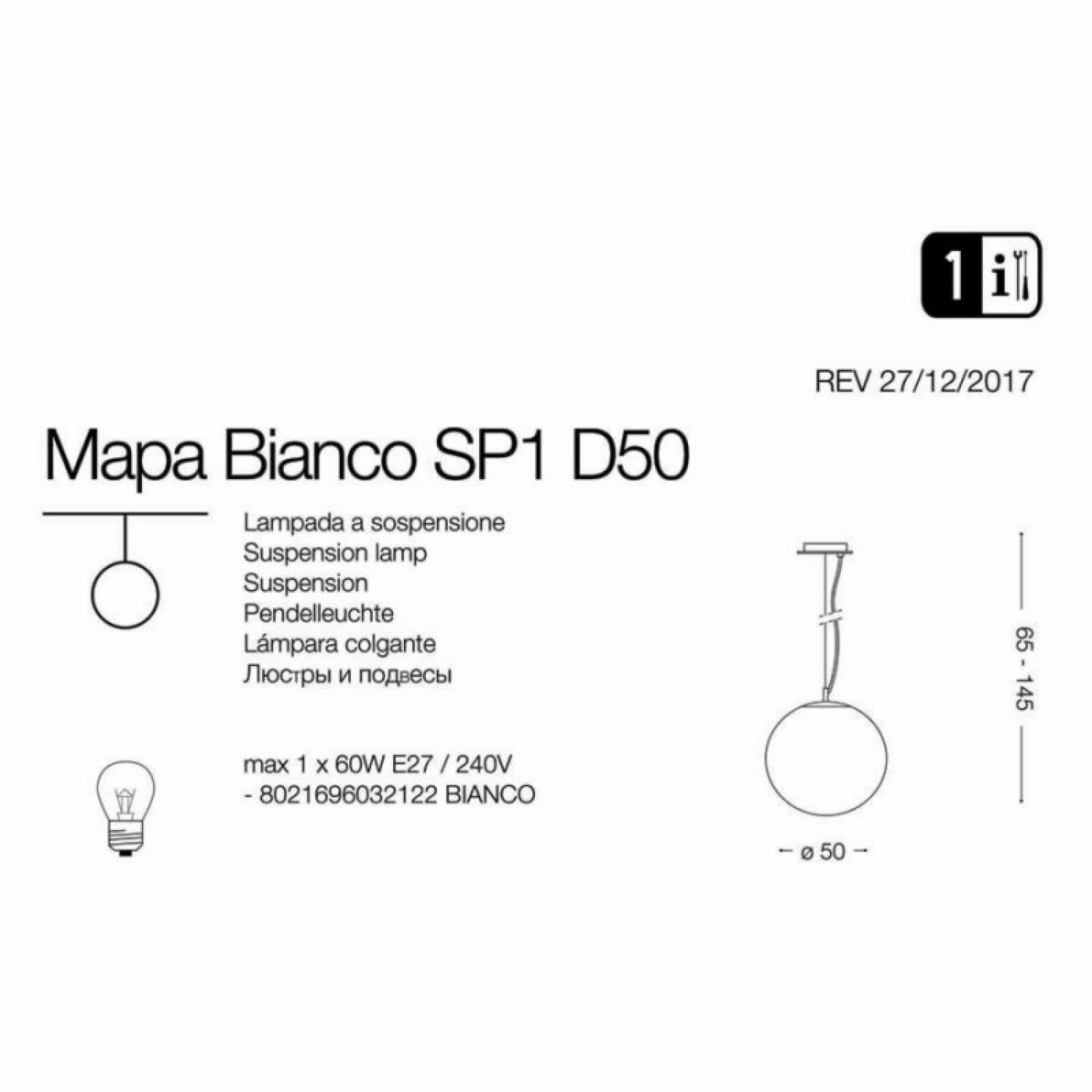 Підвісний світильник Ideal Lux MAPA SP1 D50 CROMO SFUMATO 161327