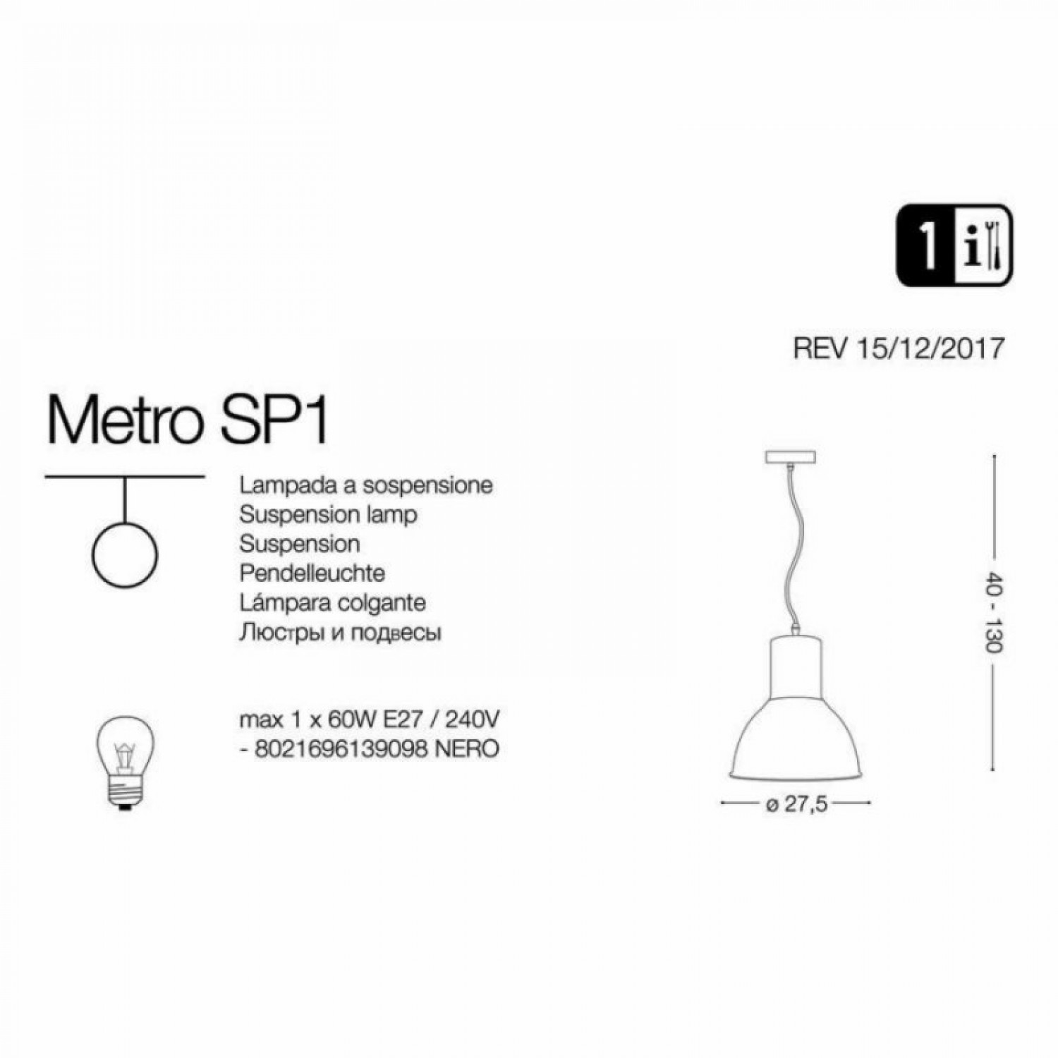 Подвесной светильник Ideal Lux METRO SP1 139098