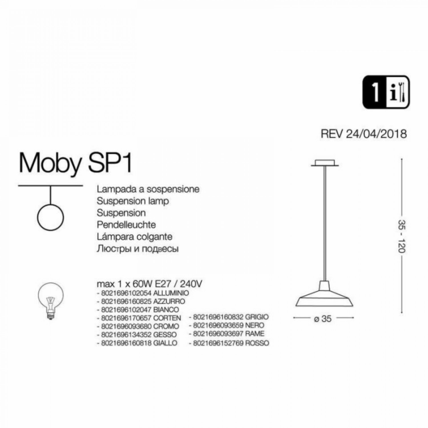 Підвісний світильник Ideal Lux MOBY SP1 RAME 093697