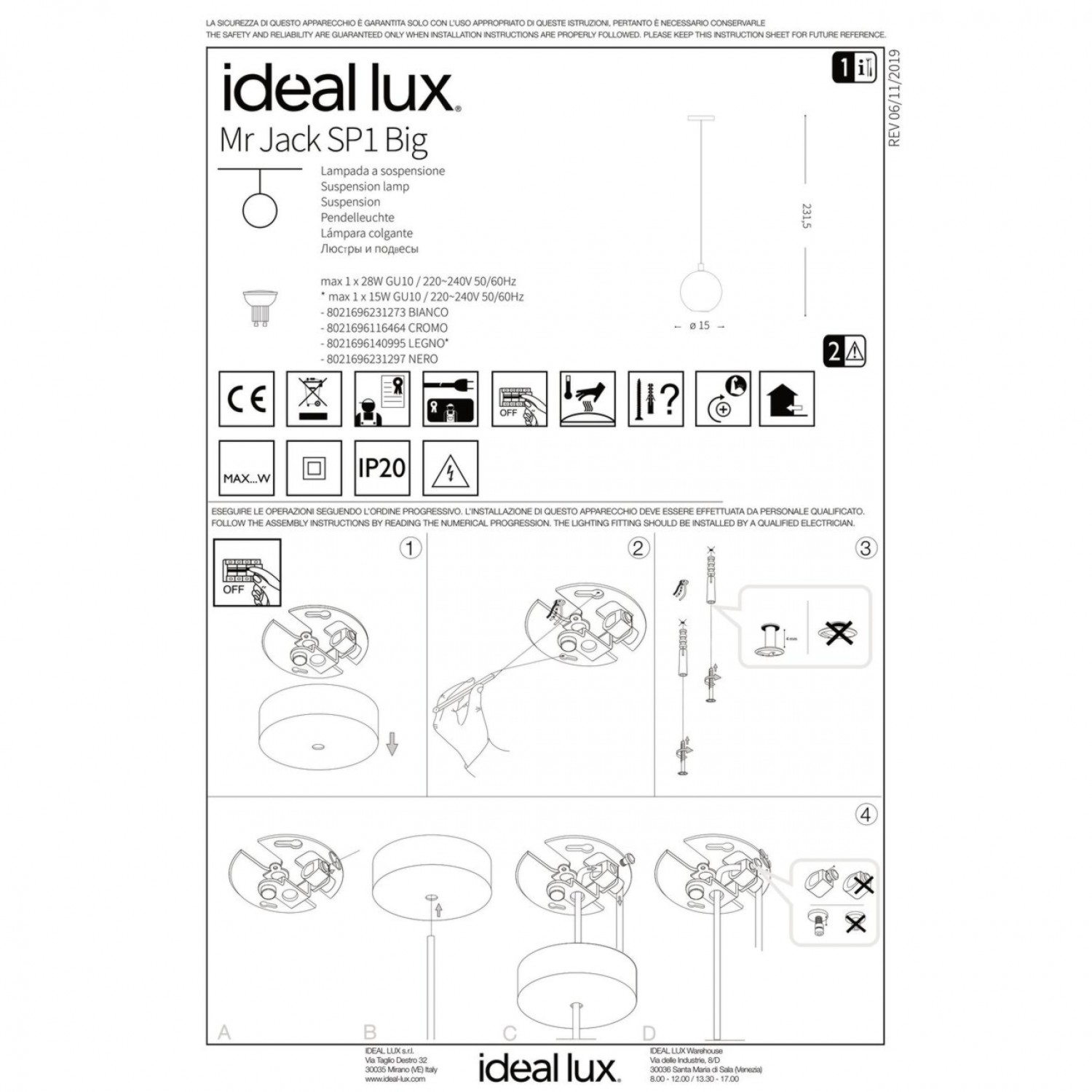 Підвісний світильник Ideal Lux MR JACK SP1 BIG BIANCO 231273