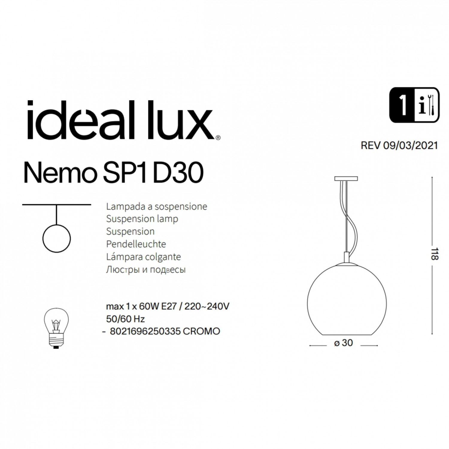 Підвісний світильник Ideal Lux NEMO SP1 D30 FADE 149592