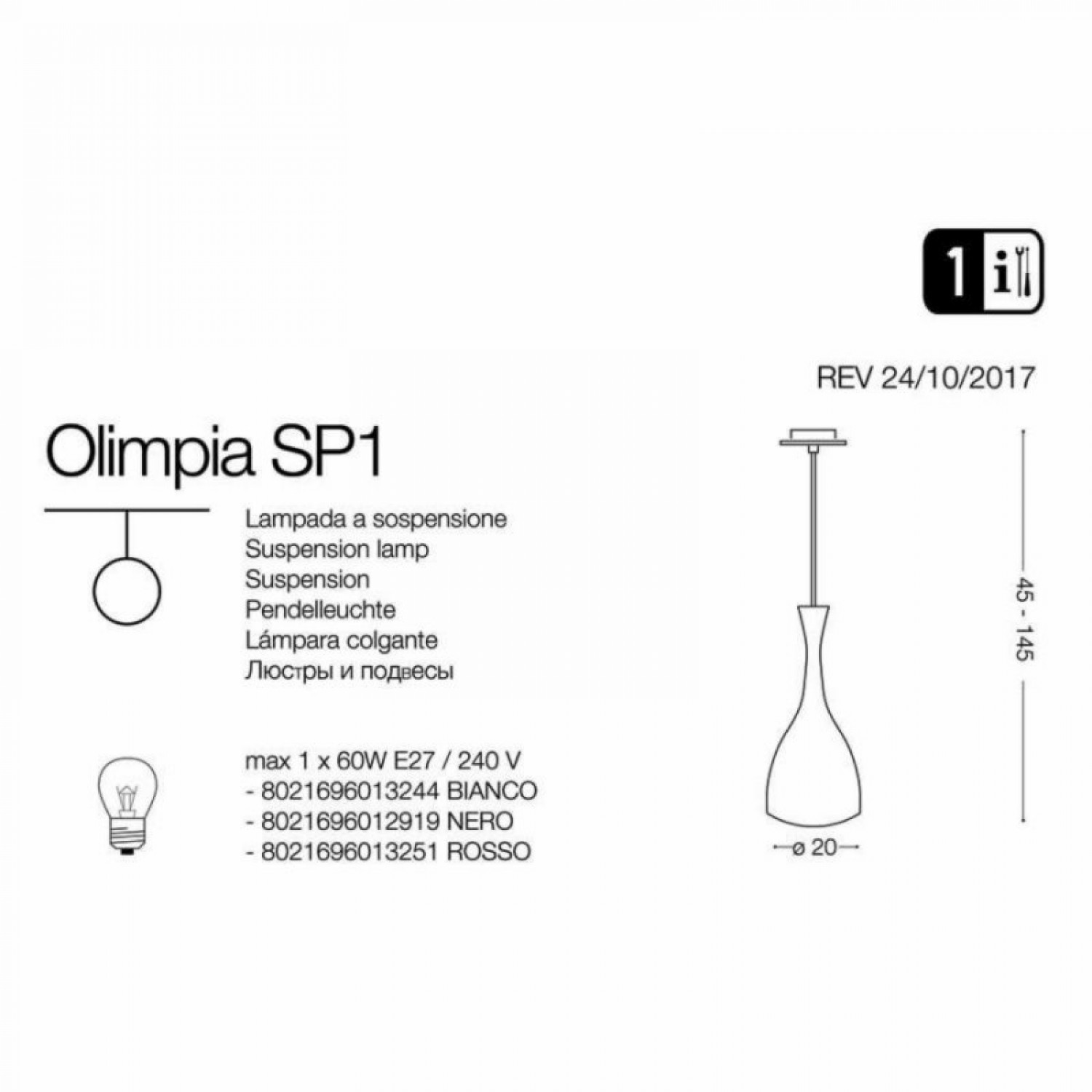 Підвісний світильник Ideal Lux OLIMPIA SP1 BIANCO 013244