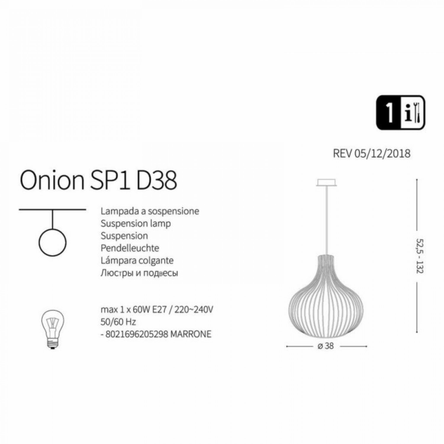 Підвісний світильник Ideal Lux ONION SP1 D38 205298