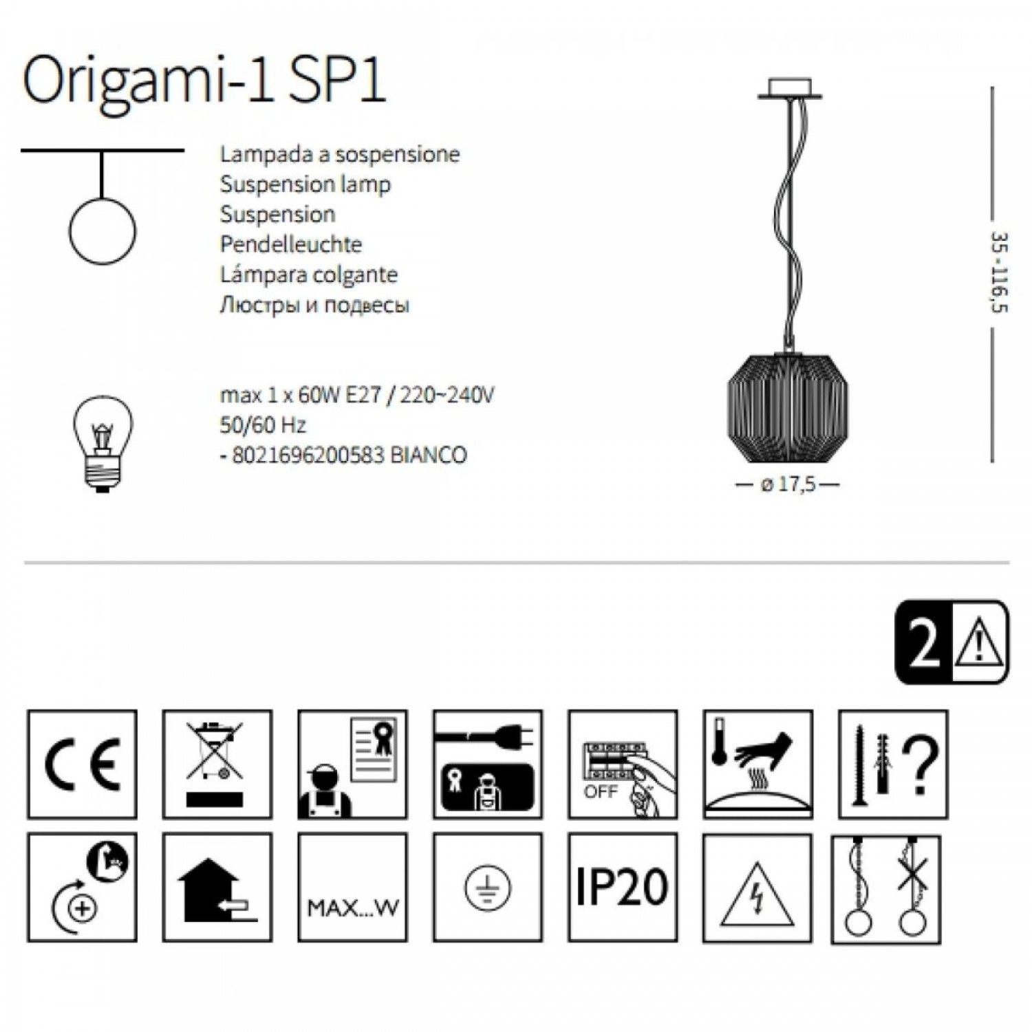 Подвесной светильник Ideal Lux ORIGAMI-1 SP1 200583