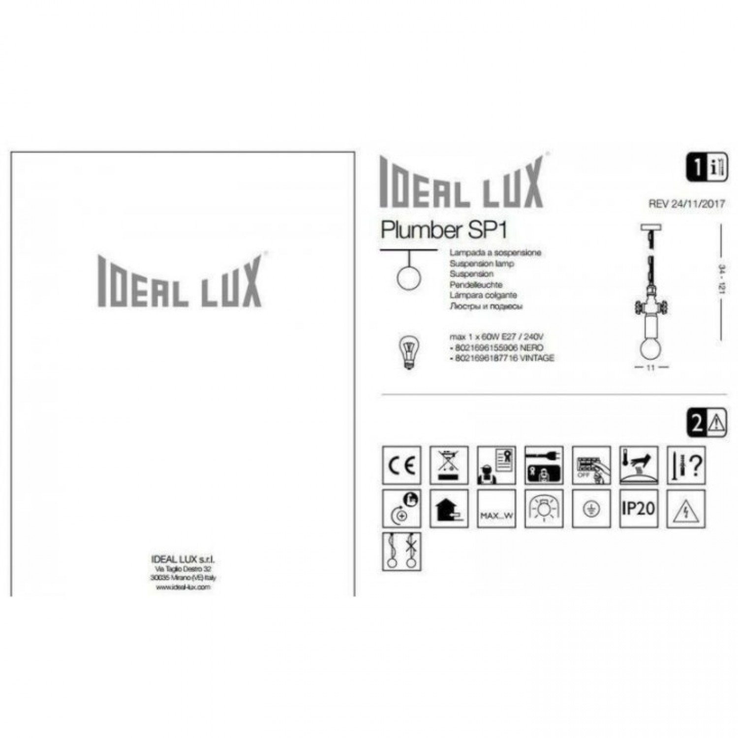 Подвесной светильник Ideal Lux PLUMBER SP1 NERO 155906
