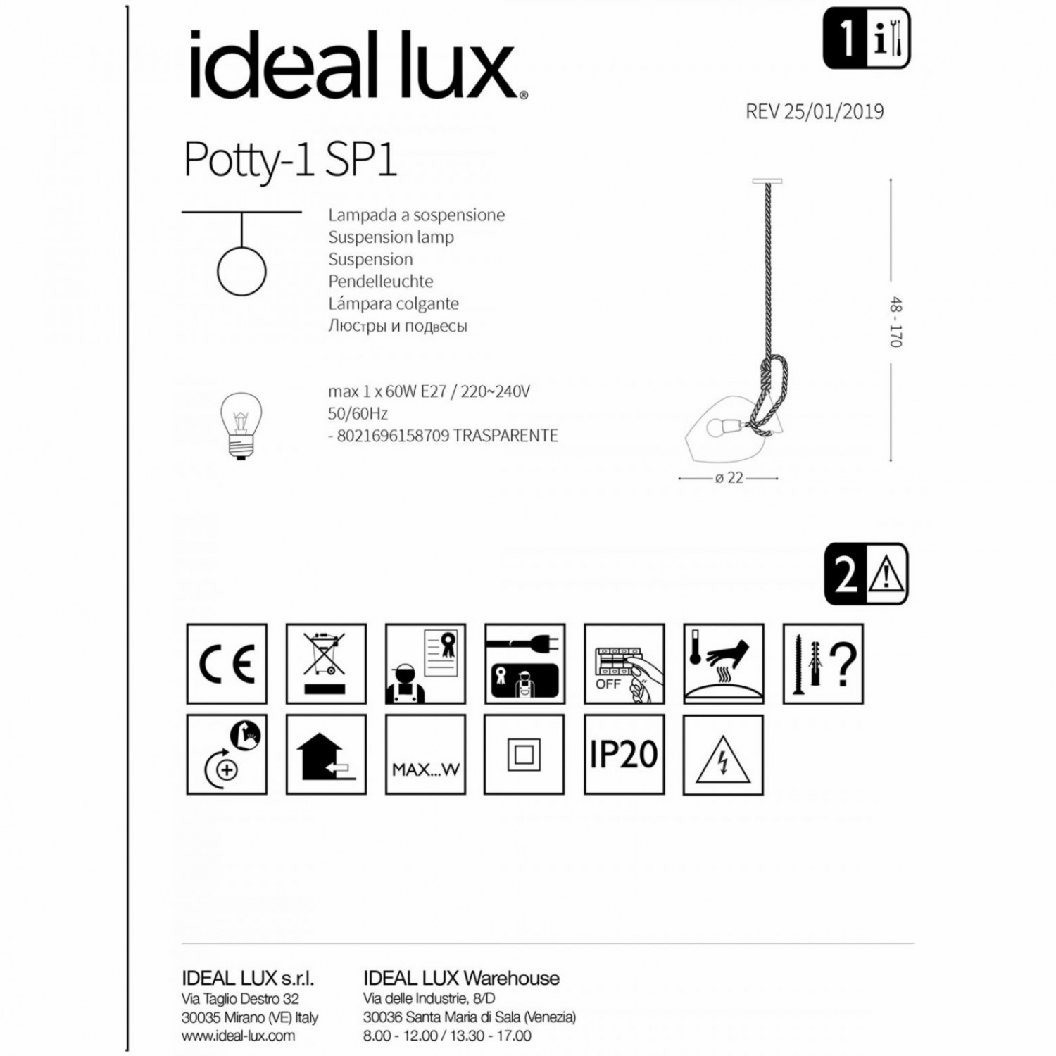 Підвісний світильник Ideal Lux POTTY-1 SP1 158709