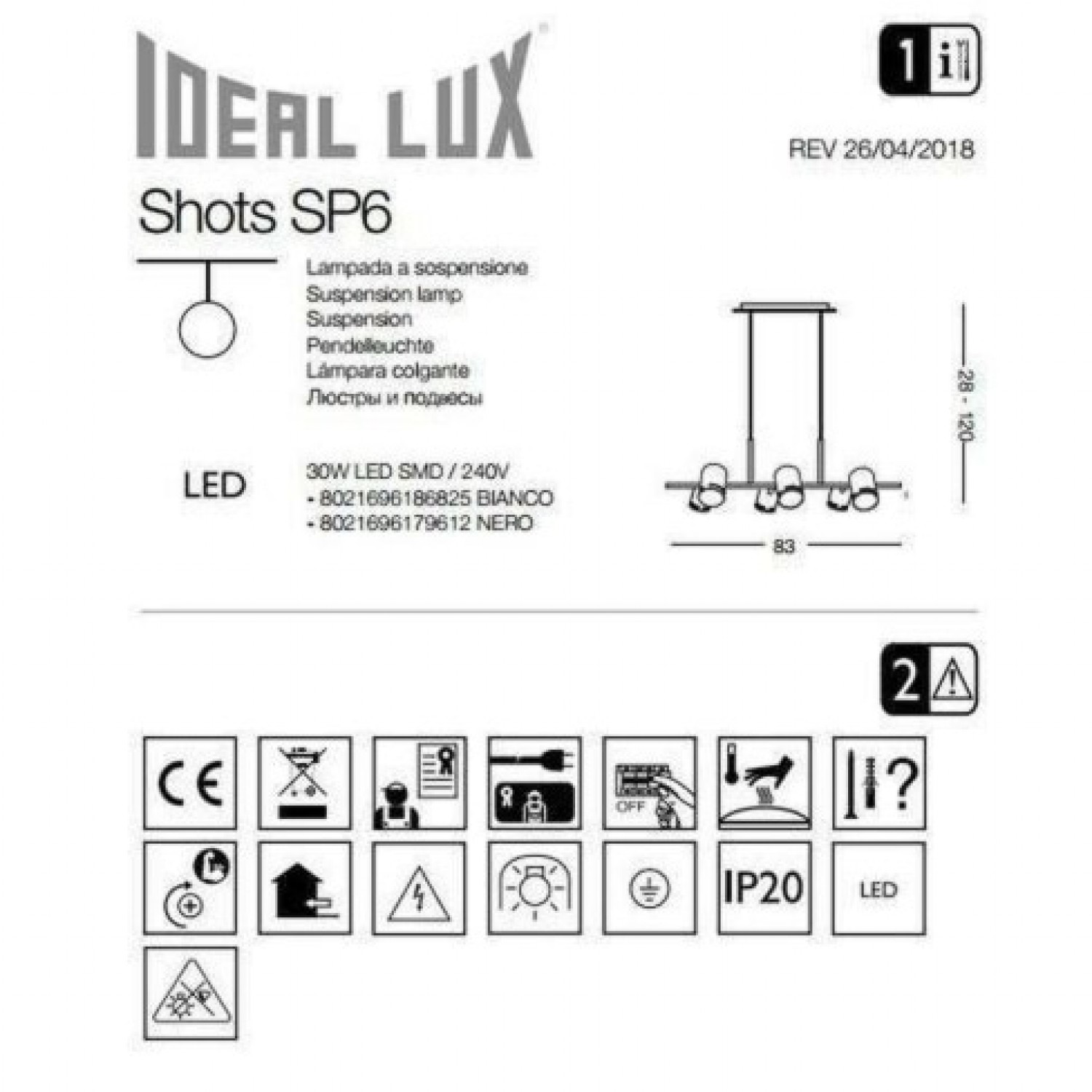 Подвесной светильник Ideal Lux SHOTS SP BIANCO 186825