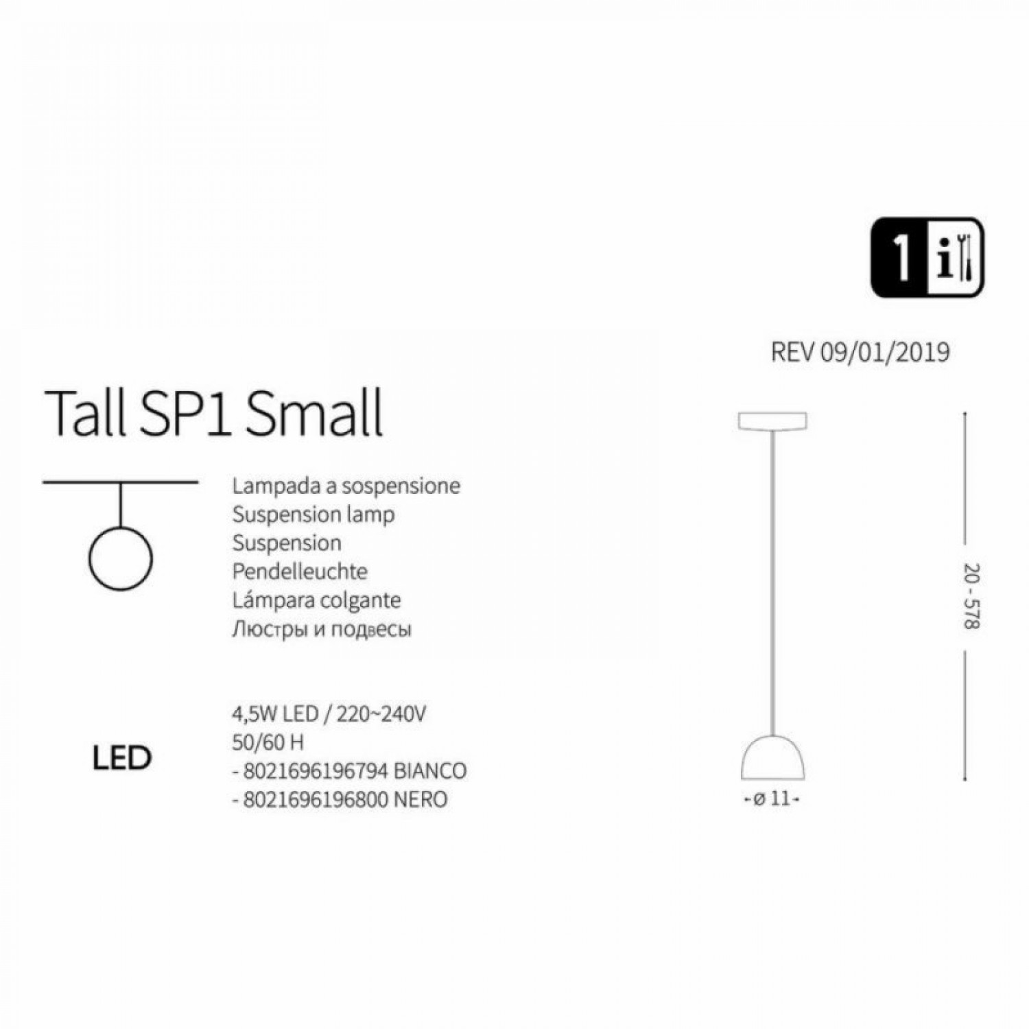 Подвесной светильник Ideal Lux TALL SP1 SMALL BIANCO 196794
