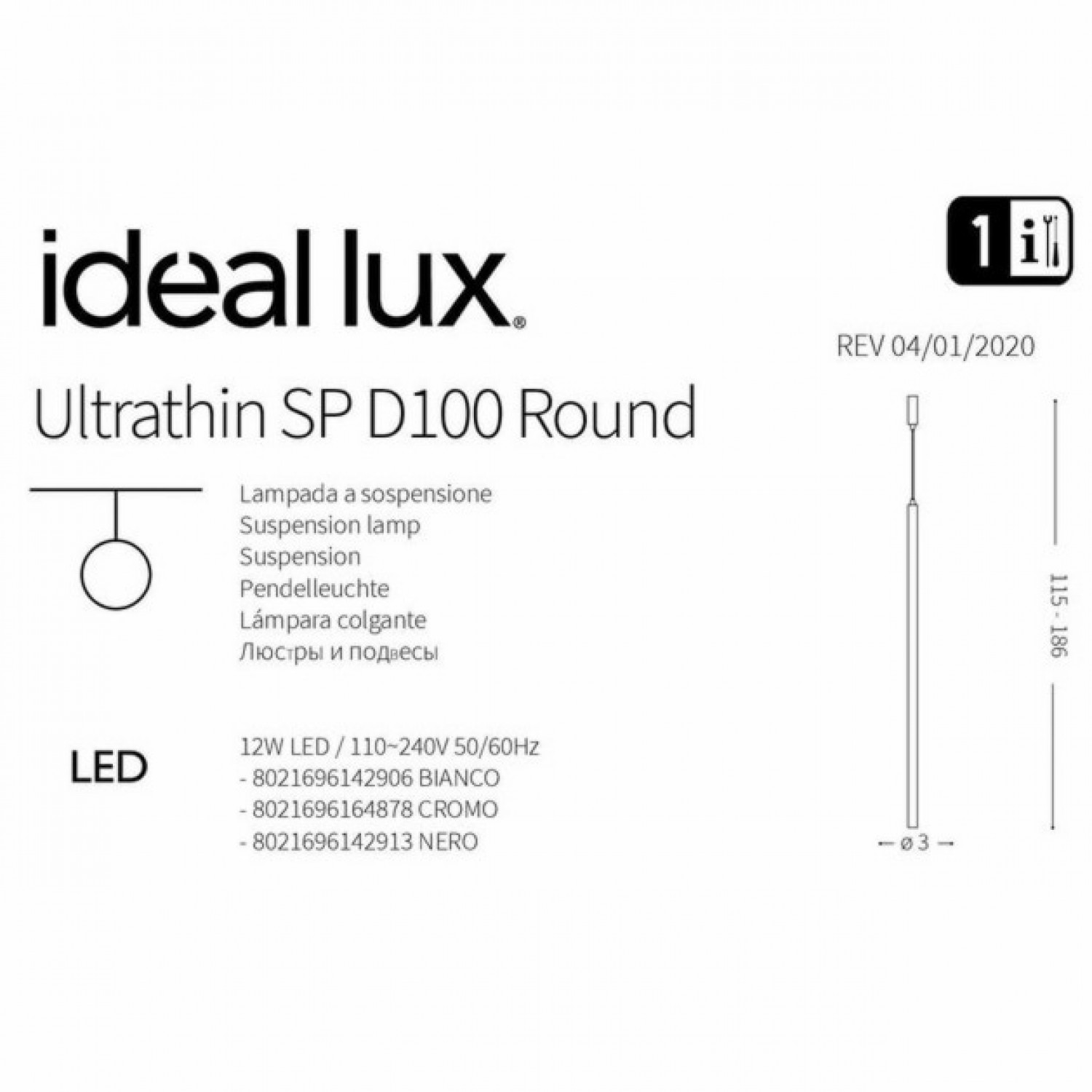 Подвесной светильник Ideal Lux ULTRATHIN D100 ROUND NERO 142913