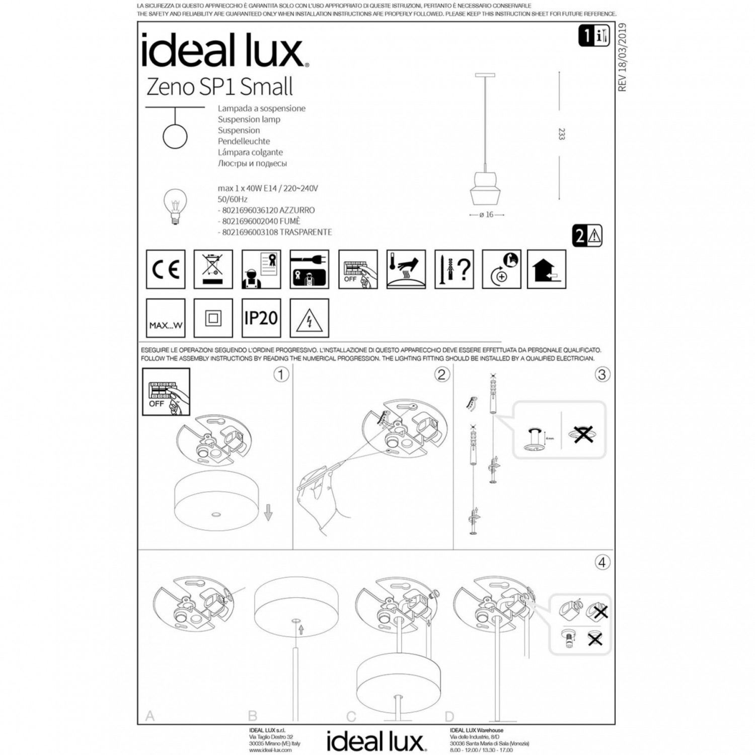 Подвесной светильник Ideal Lux Zeno SP1 Small Rosso 003474