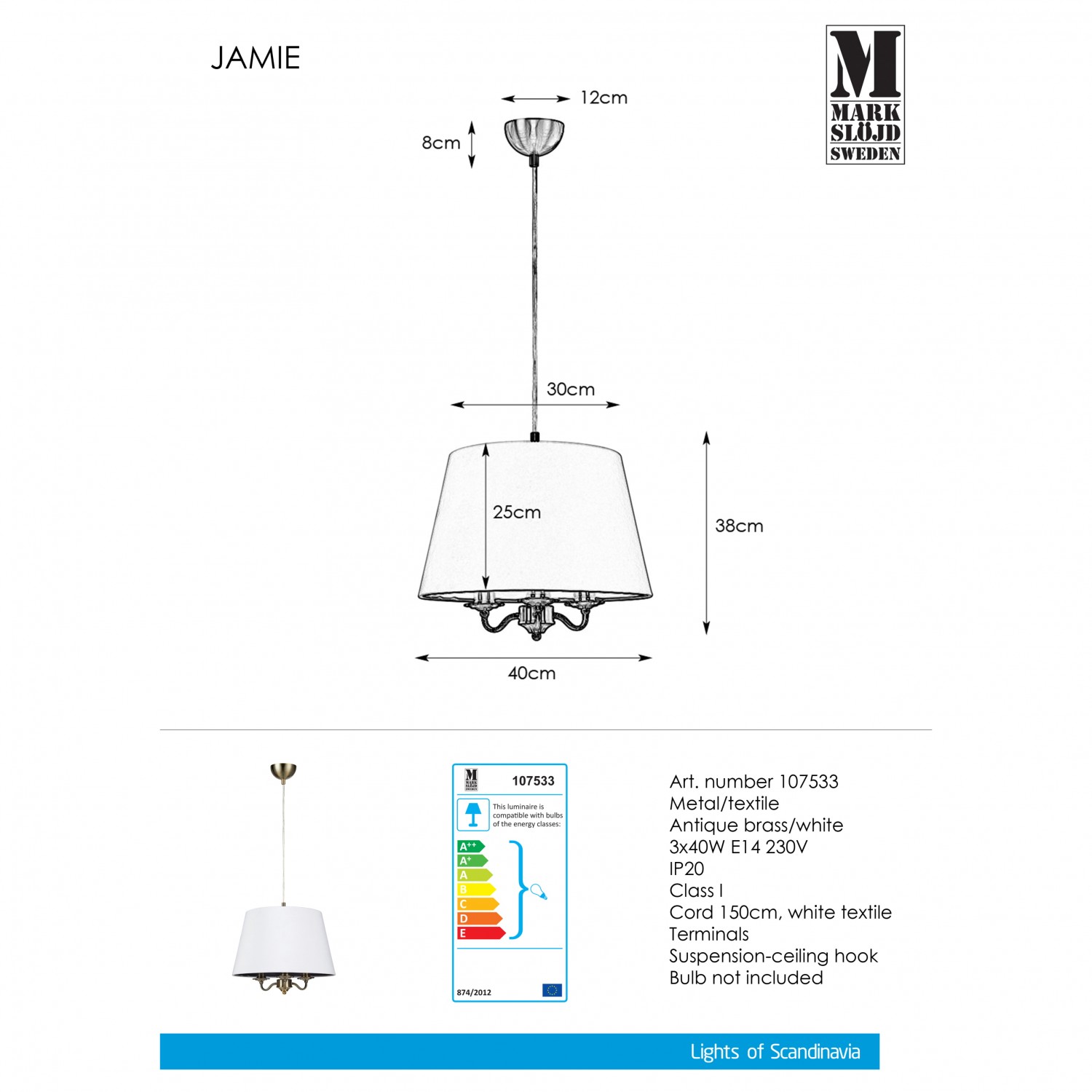 Подвесной светильник MarkSlojd Sweden JAMIE Pendant 3L Antique Brass/White 107533