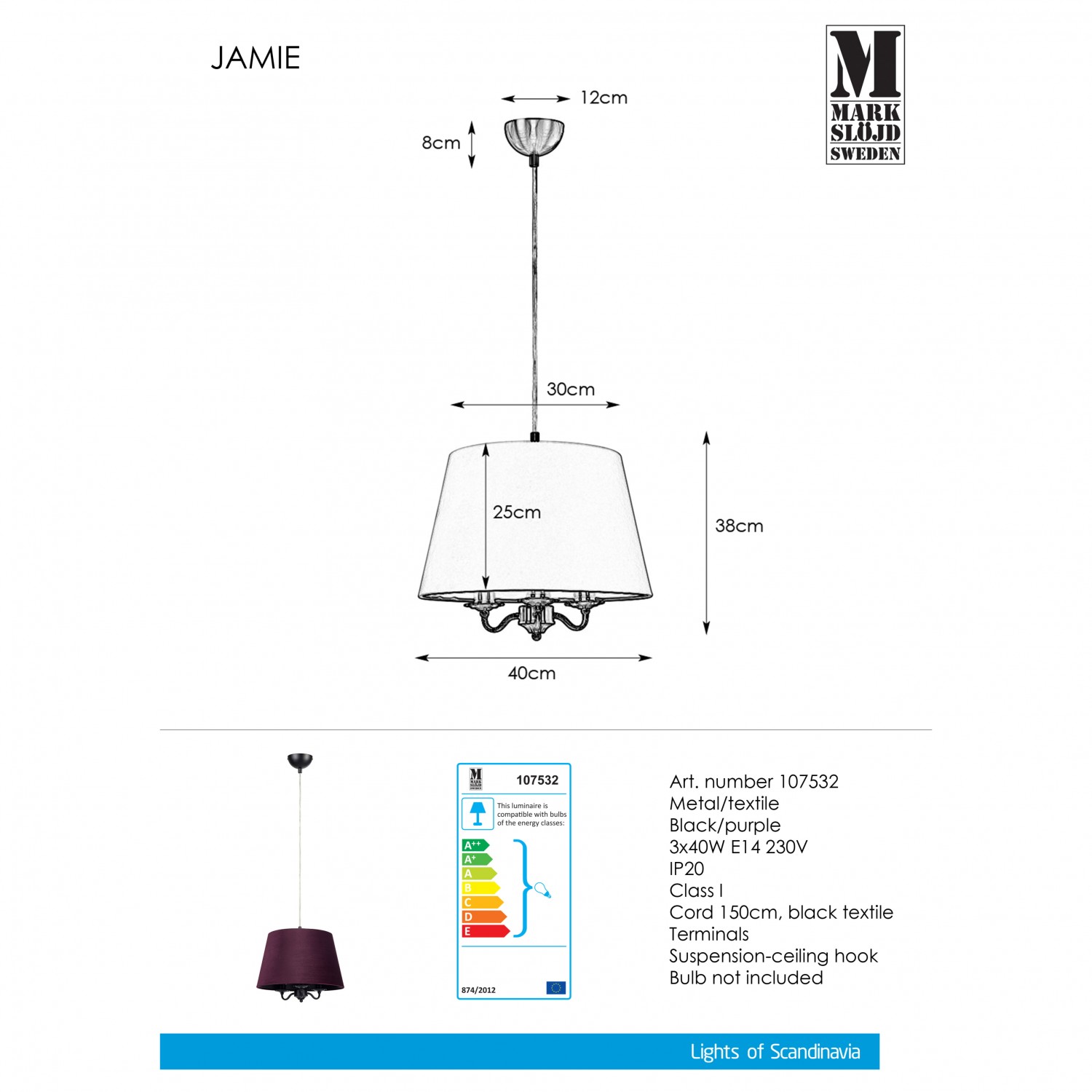 Подвесной светильник MarkSlojd Sweden JAMIE Pendant 3L Black/Purple 107532