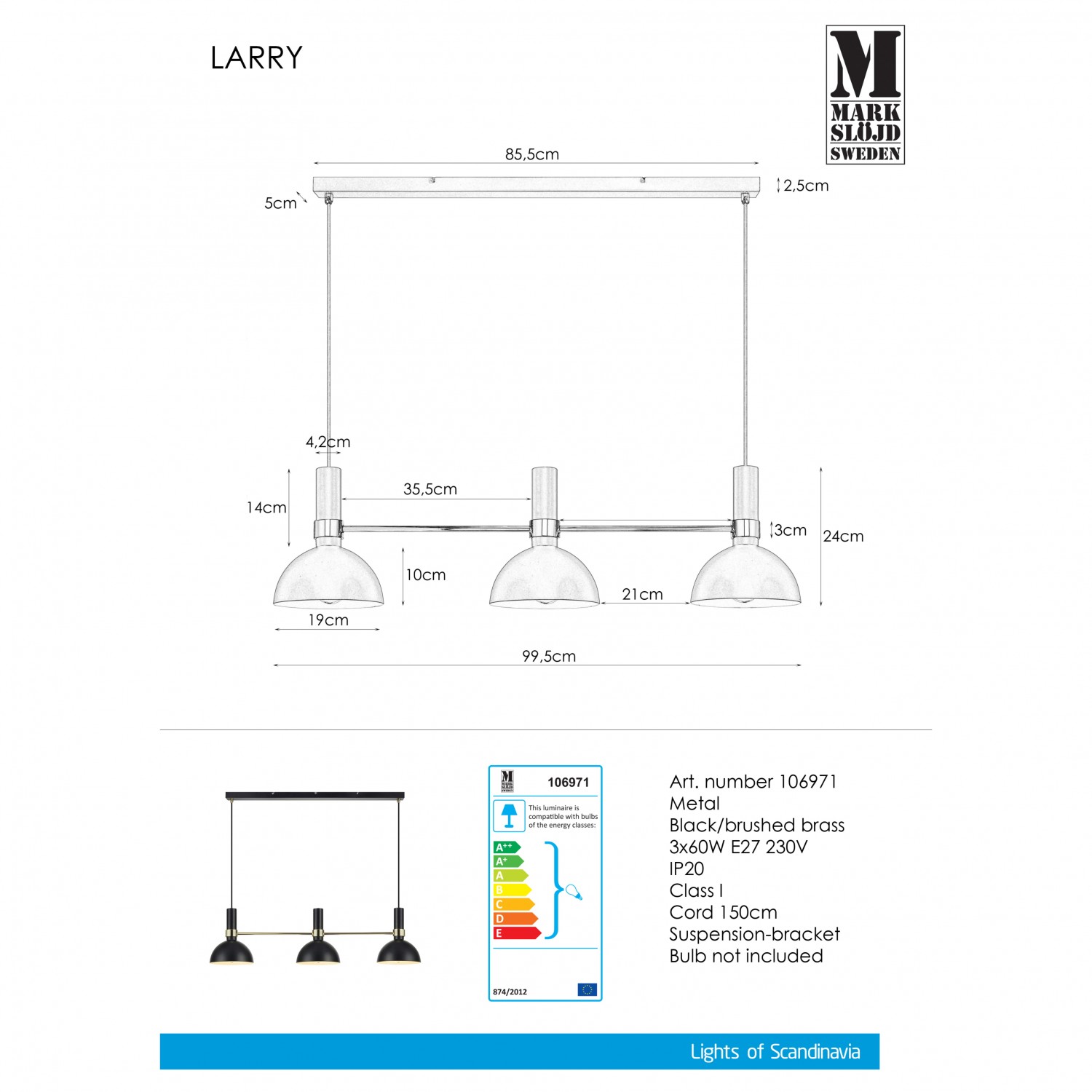 Подвесной светильник MarkSlojd Sweden LARRY Pendant 3L Black/Brushed Brass 106971