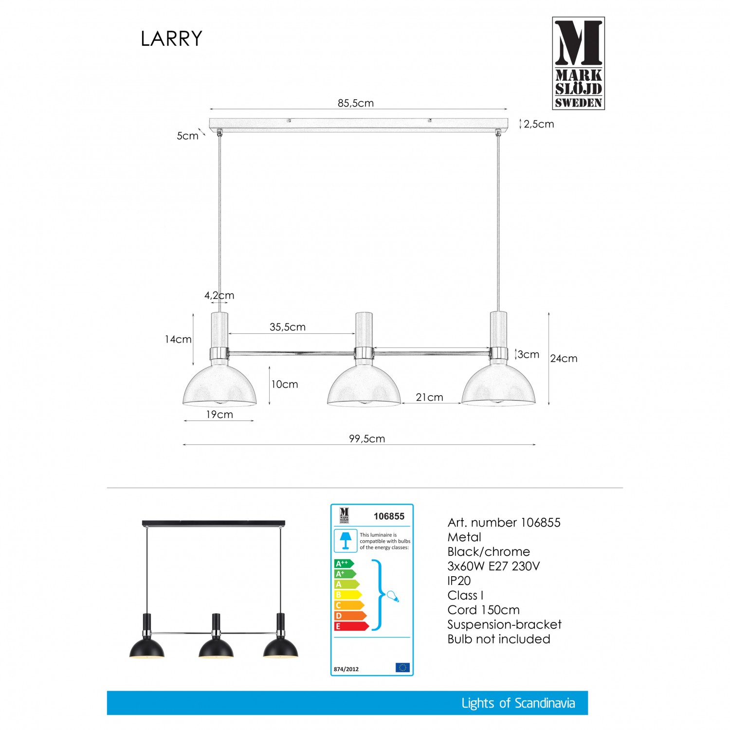 Подвесной светильник MarkSlojd Sweden LARRY Pendant 3L Black/Chrome 106855